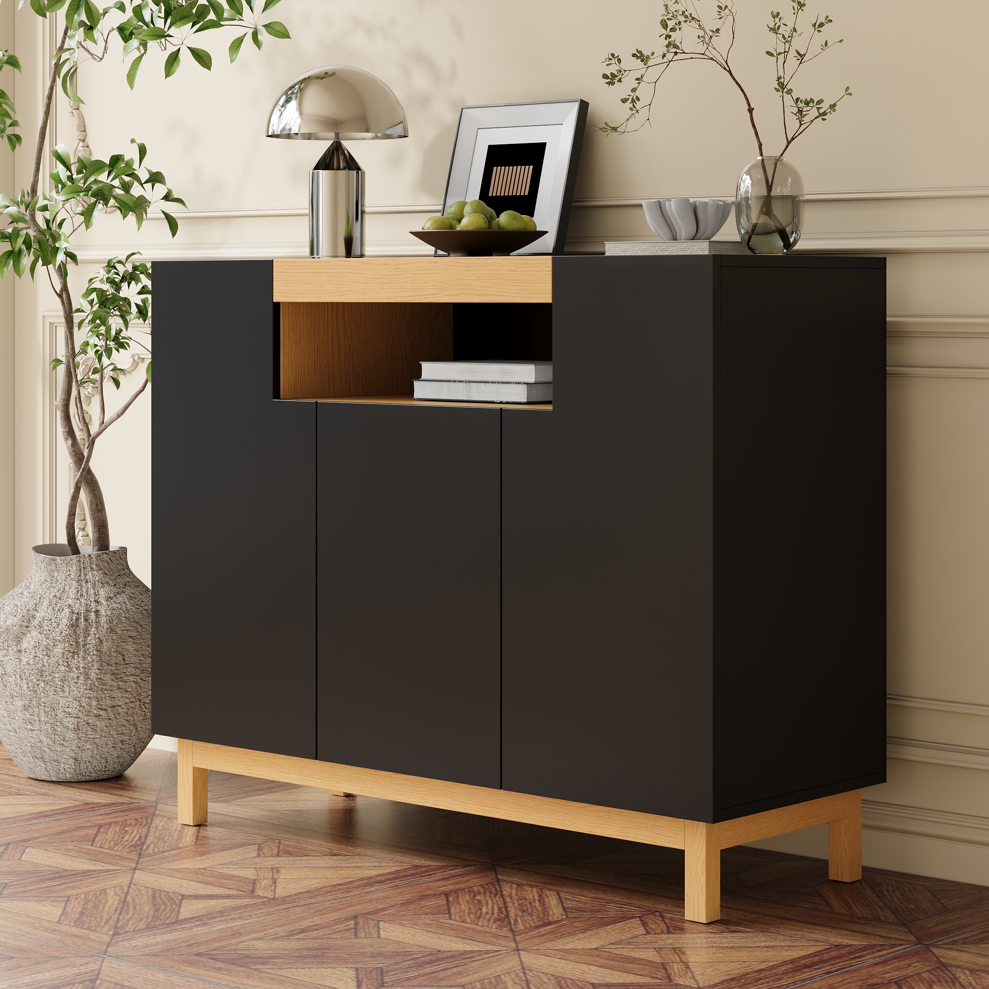Buffet Noir 3 Portes Meuble Rangement Moderne avec Étagère Ouverte Centrale pour Salon et Entrée