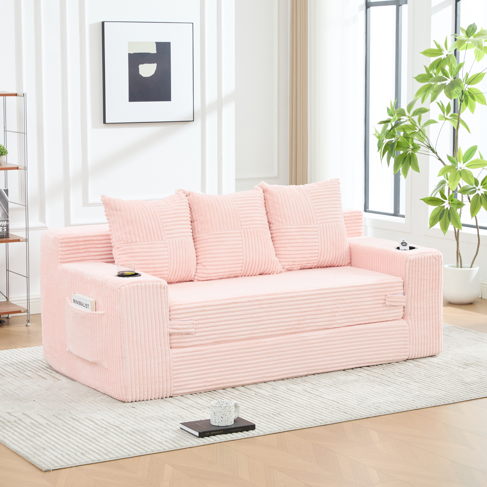 Canapé Modulable 2 Places en Velours Côtelé Rose Poudre Structure Sans Dossier Modulaire Coussins Rembourrés Confortables