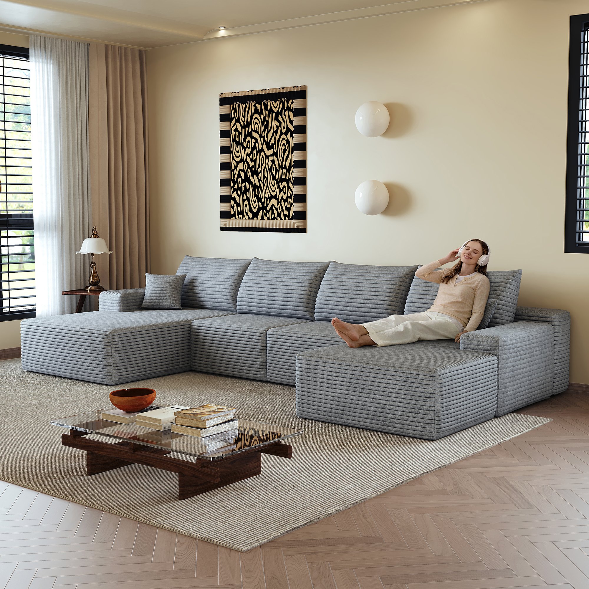 Canapé d'angle gris en tissu côtelé, structure modulaire sans montage, profondeur de siège généreuse, dimensions 340x175x83 cm pour salon