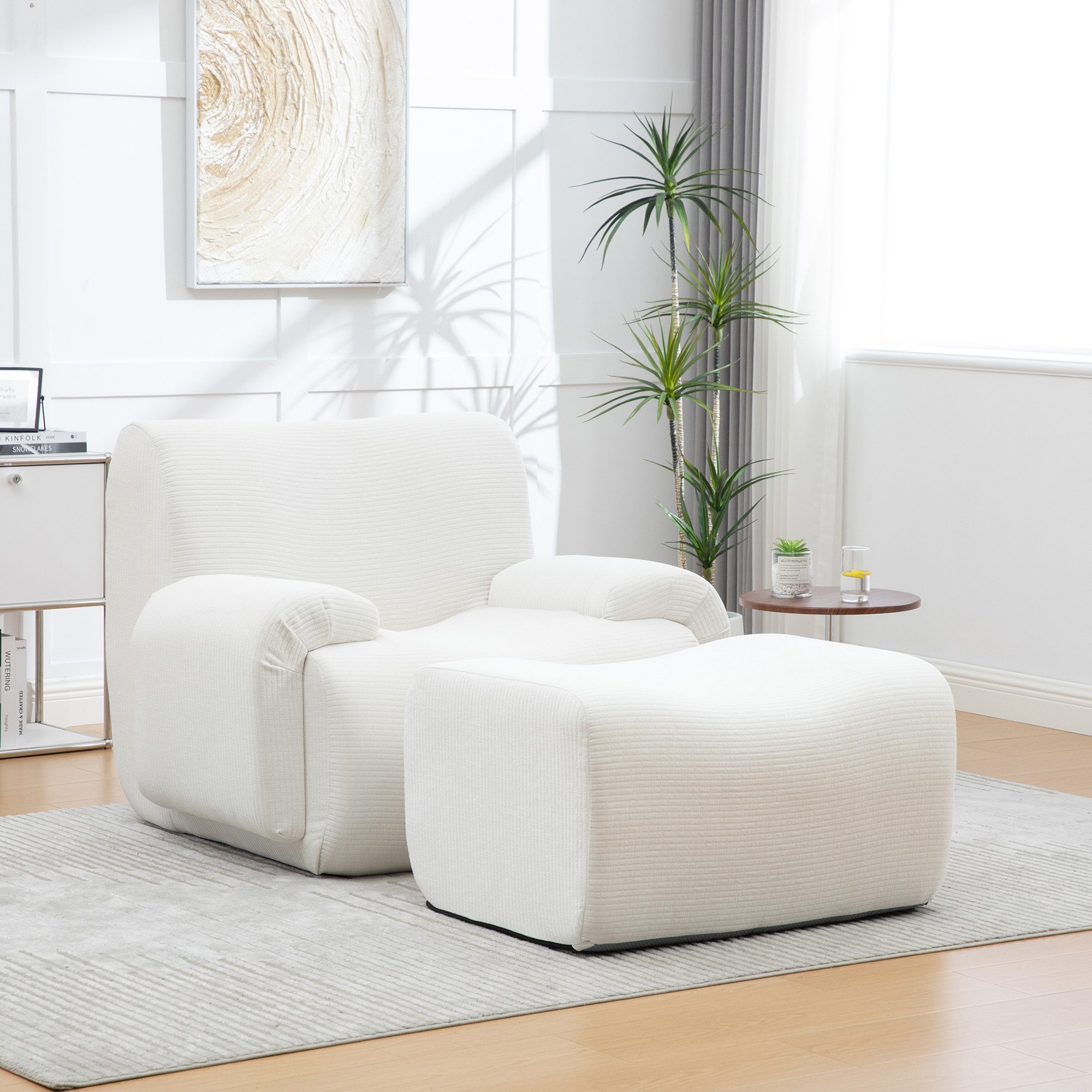 Fauteuil en Tissu Chenille Ivoire avec Hocker, Structure Mousse 30D Haute Résilience, Sans Montage pour Salon Moderne