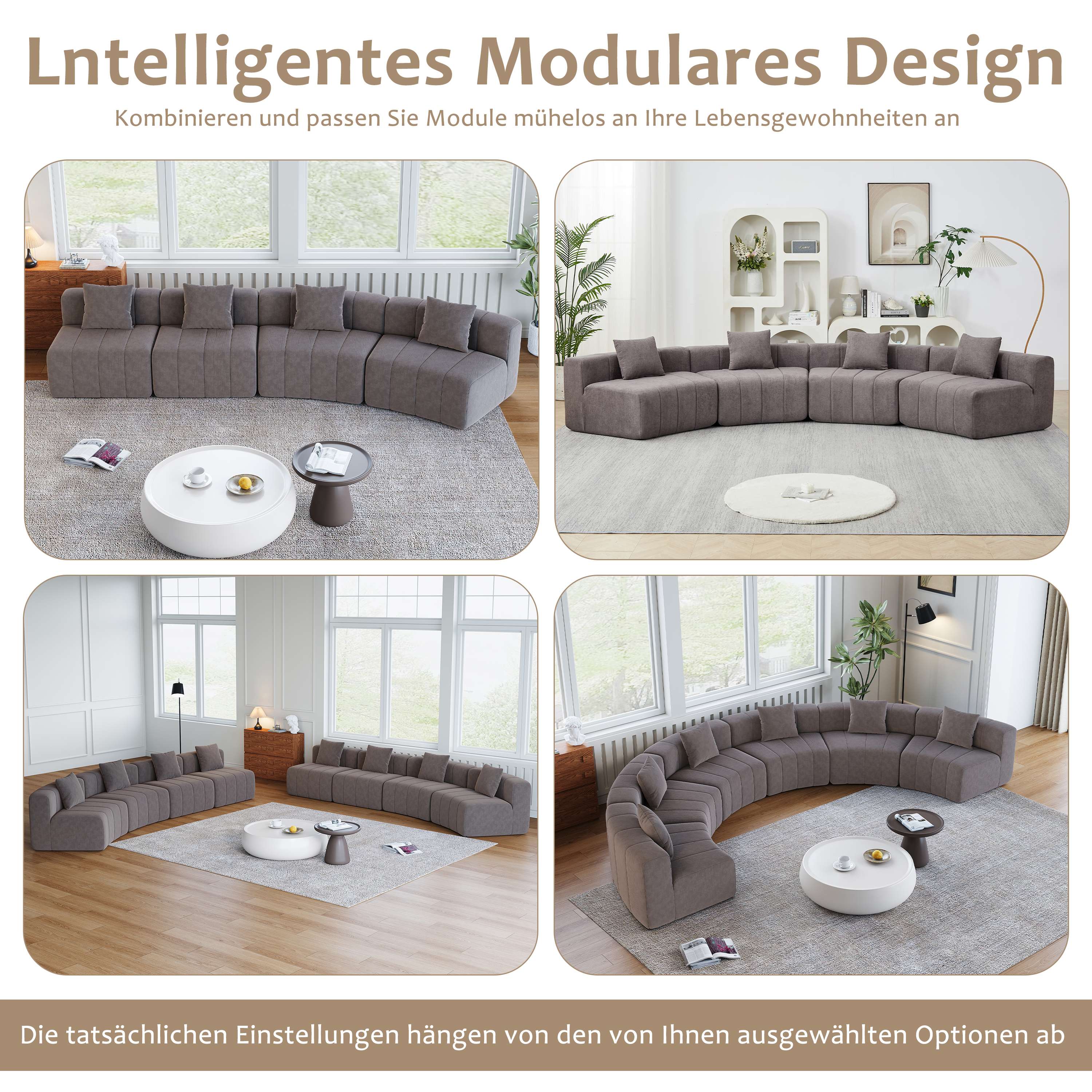 Canapé Modulable Gris en Chenille avec 2 Coussins, Design Courbe Symétrique pour Salon et Bureau, Sans Montage Requis