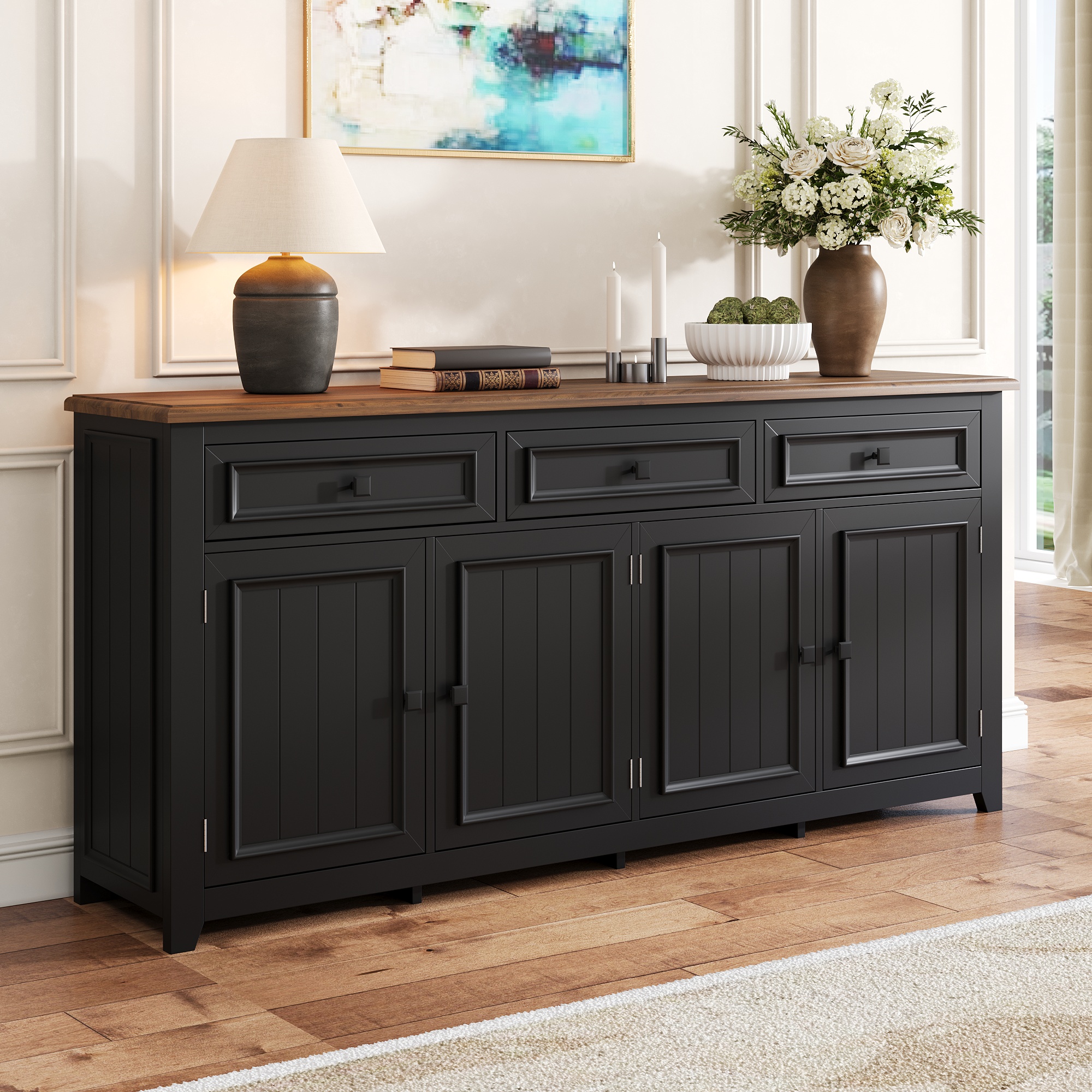 Buffet Noir En Panneau composite de fibres de bois à densité Avec 4 Portes Et 3 Tiroirs, Meuble De Rangement Moderne Avec Étagères Réglables Pour Salon Ou Entrée