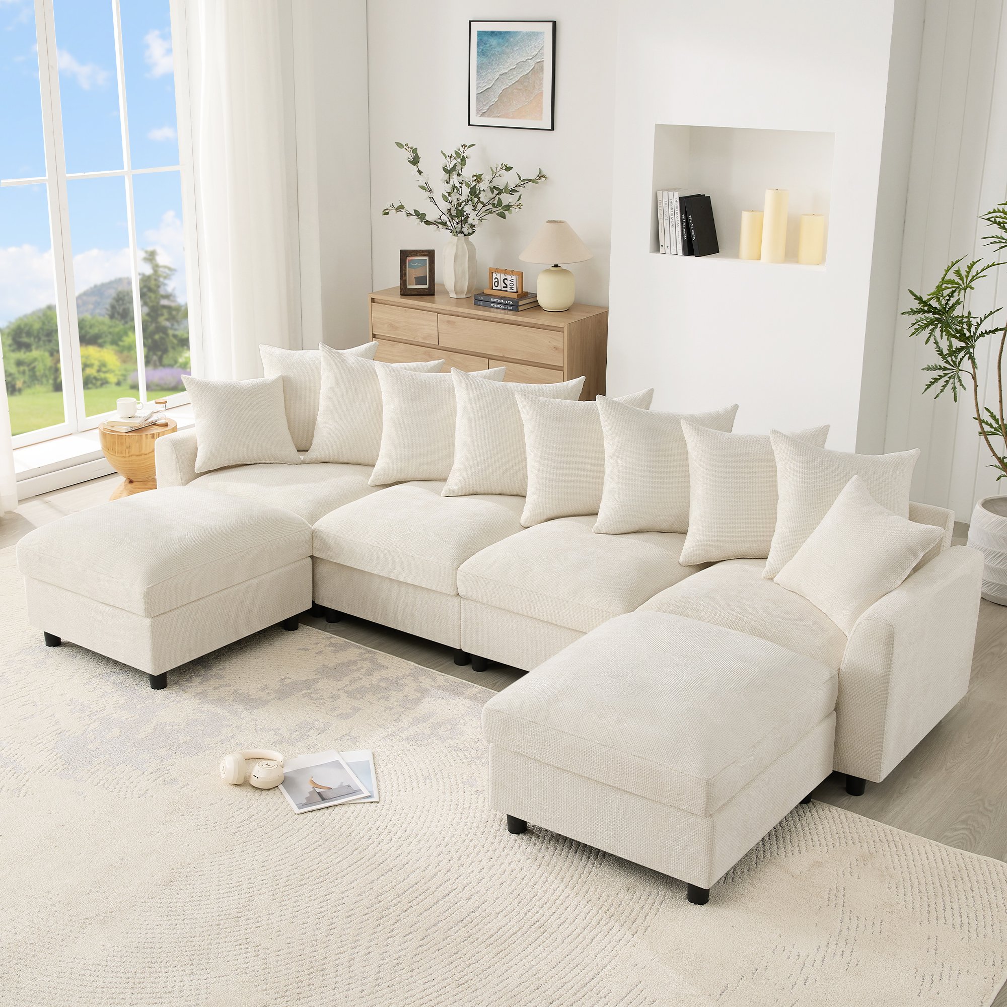 Canapé d'angle modulable 6 places beige en chenille waffle avec 2 poufs, ports USB Type-C et 10 coussins, structure bois massif