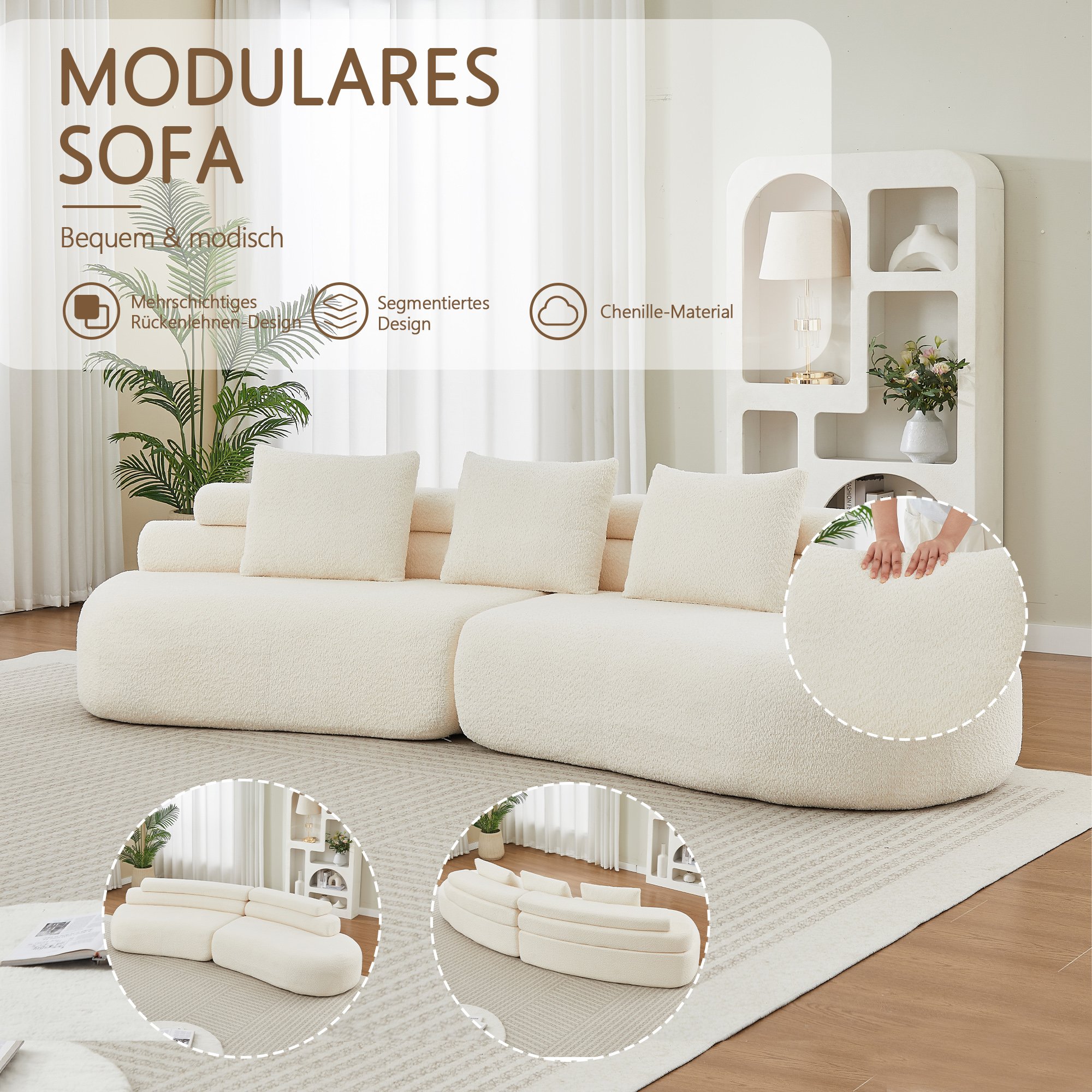 Canapé modulable 2 places en chenille beige avec dossier courbe sans accoudoirs et 3 coussins de soutien pour salon contemporain