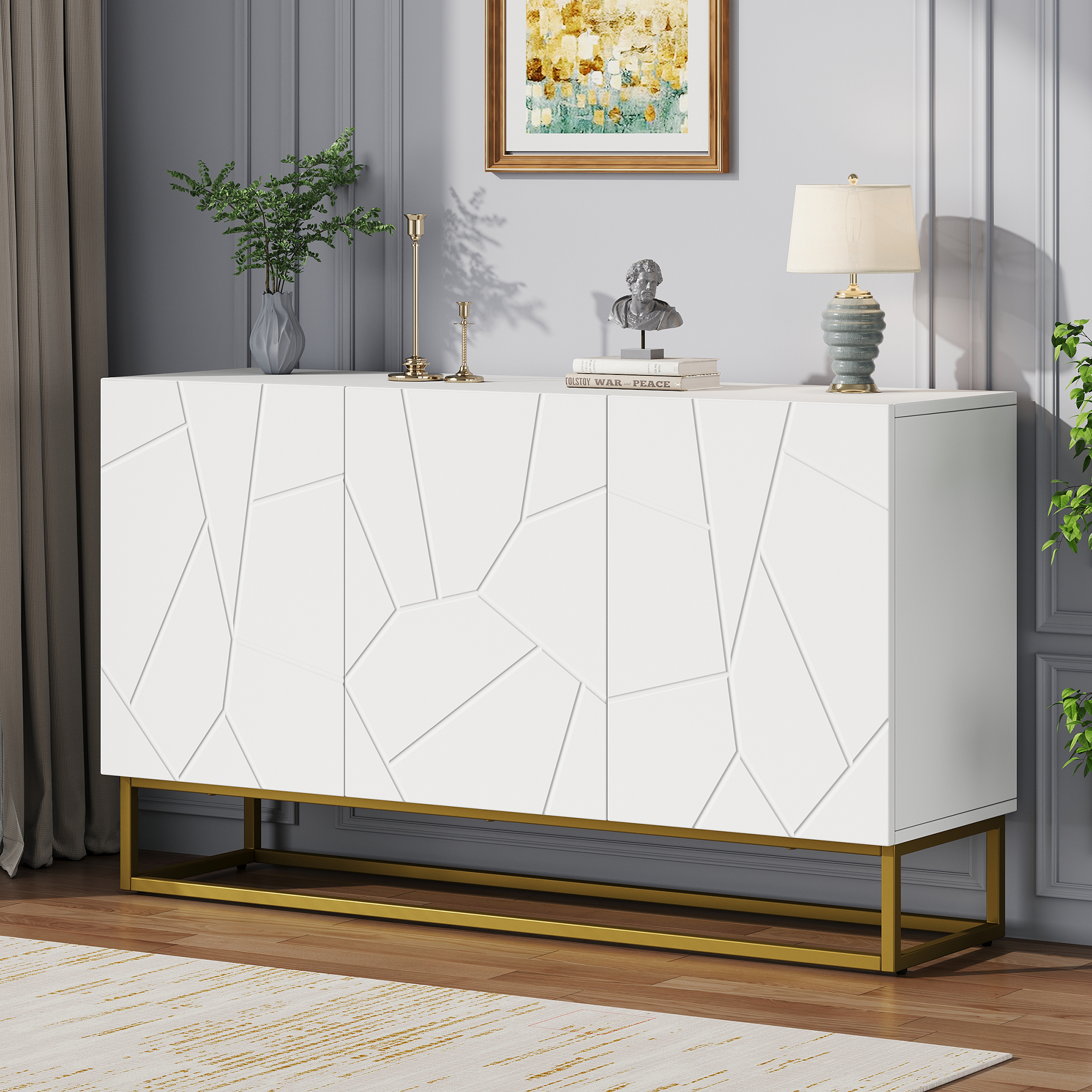 Buffet de cuisine moderne blanc brillant 130 cm, meuble bar avec 3 portes et étagères modulables, design ridé et pieds dorés