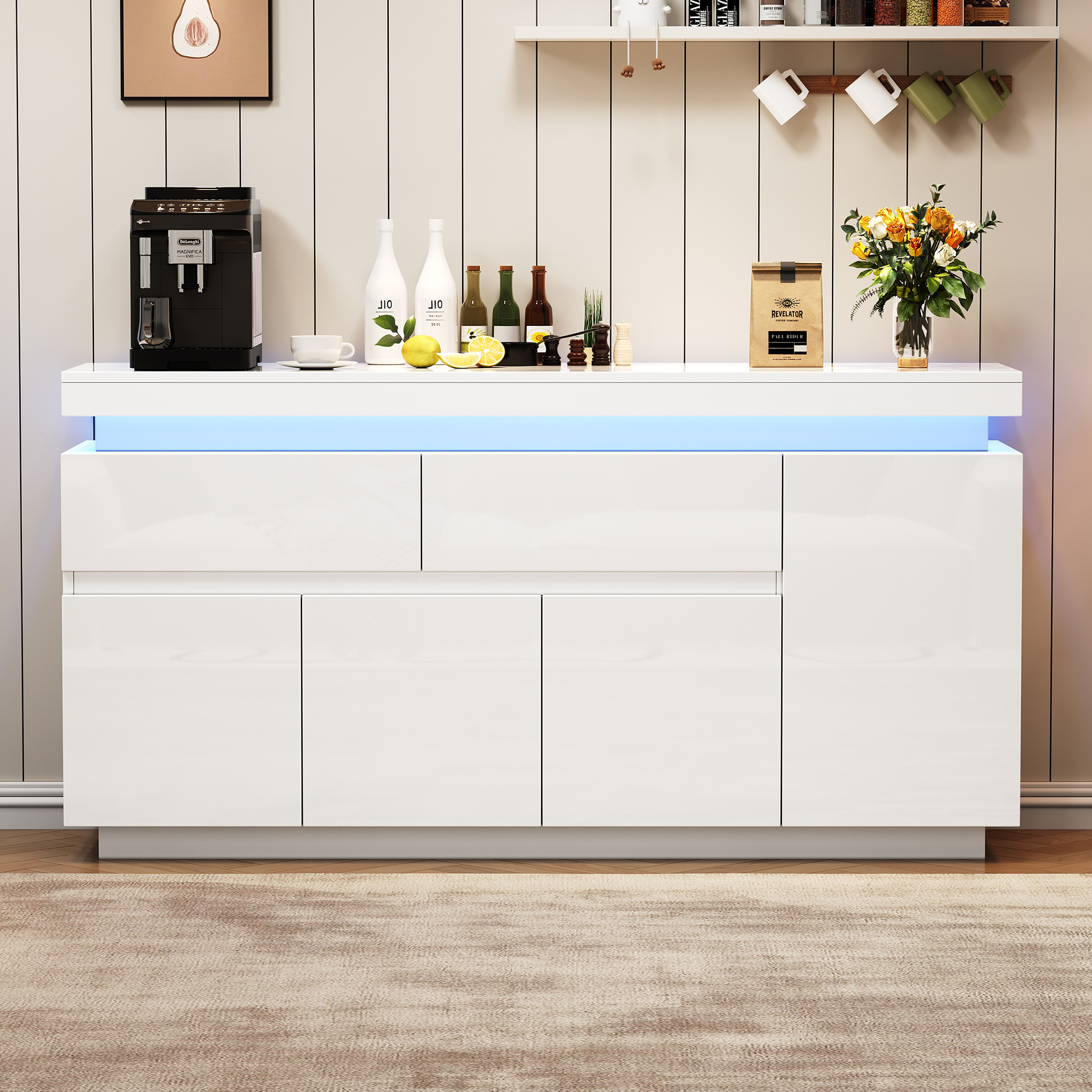 Buffet Blanc Panneaux de Particules avec Surface Haut Gloss, 140x35x72,5 cm, 2 Tiroirs et 4 Portes