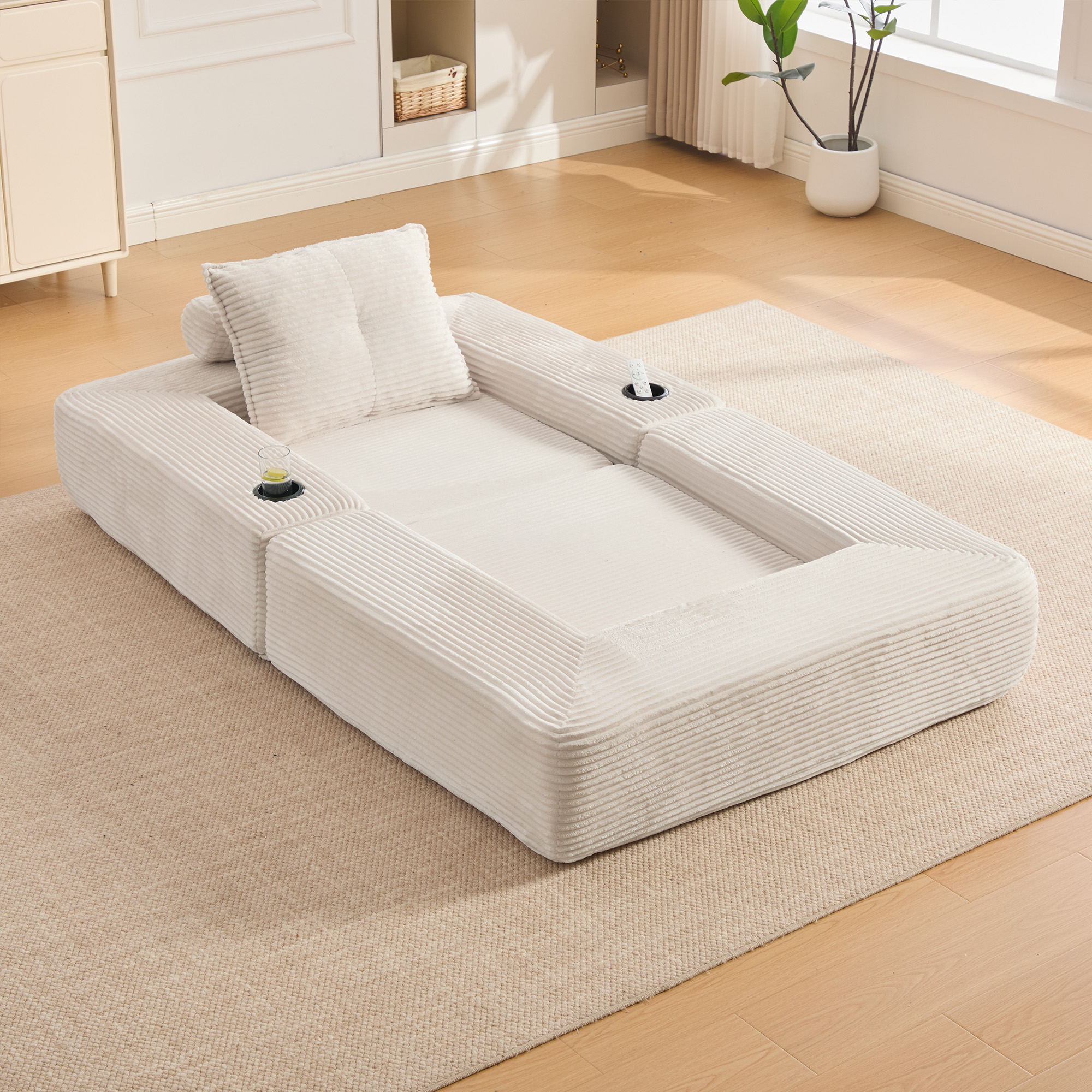 Canapé convertible 2 places en velours côtelé beige avec dossier en mousse à mémoire de forme et tiroir intégré