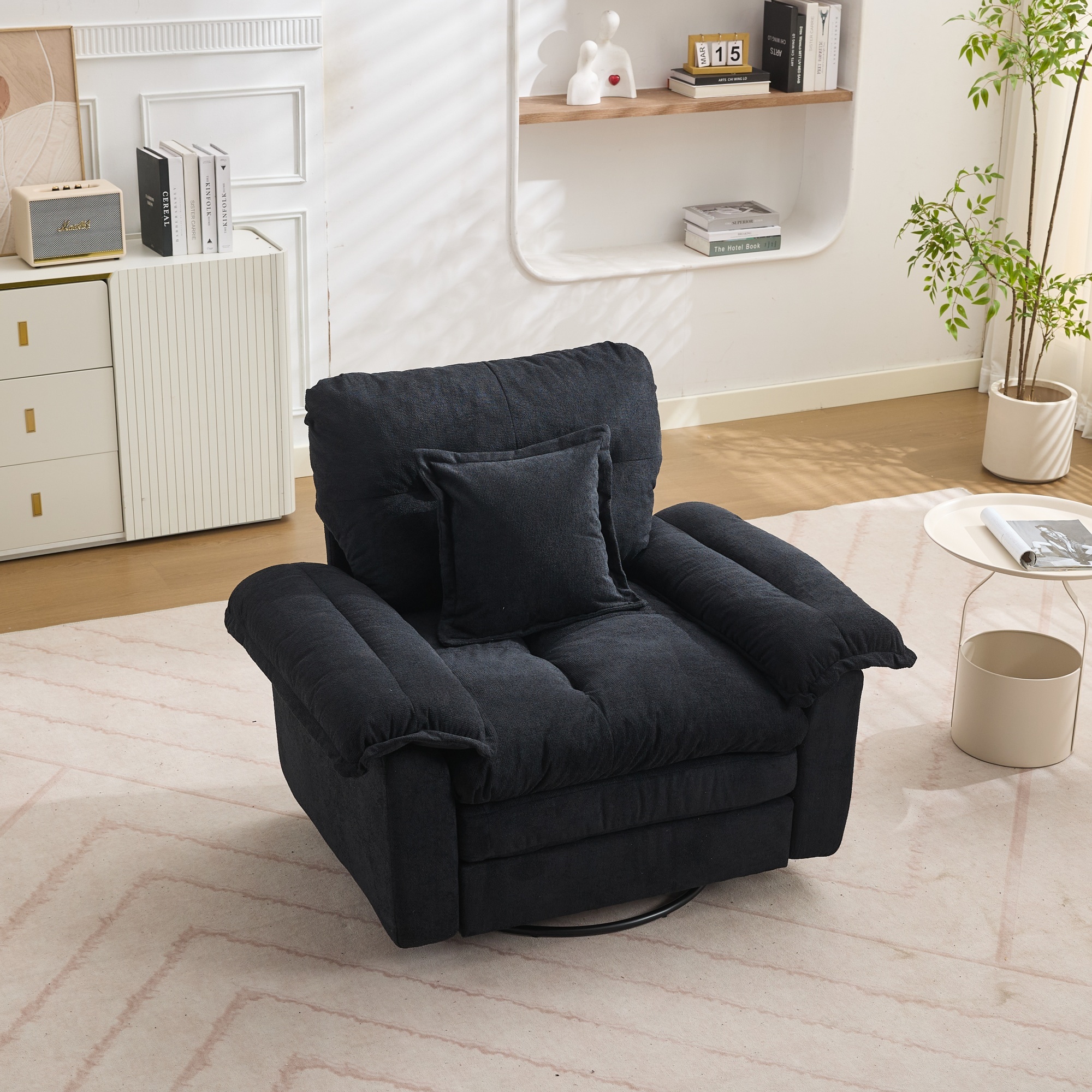 Fauteuil Oversized Noir 116x84x96 cm – Grand Fauteuil Pivotant 360° avec Revêtement Chenille et Coussin pour Intérieur