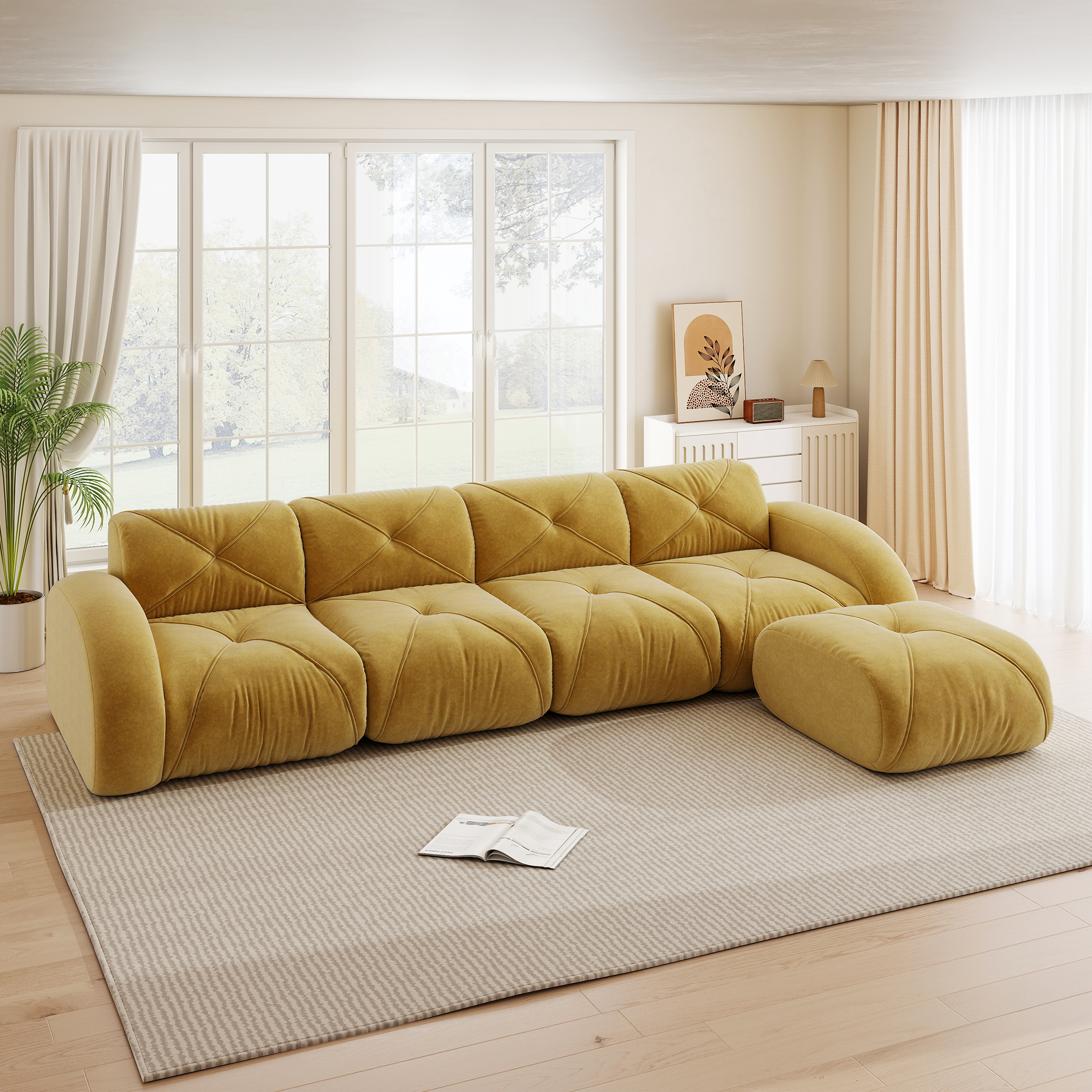 Fauteuil Relax Canapé d'angle Jaune Sans Montage Repose-Pieds Extensible Mousse Haute Densité 32D