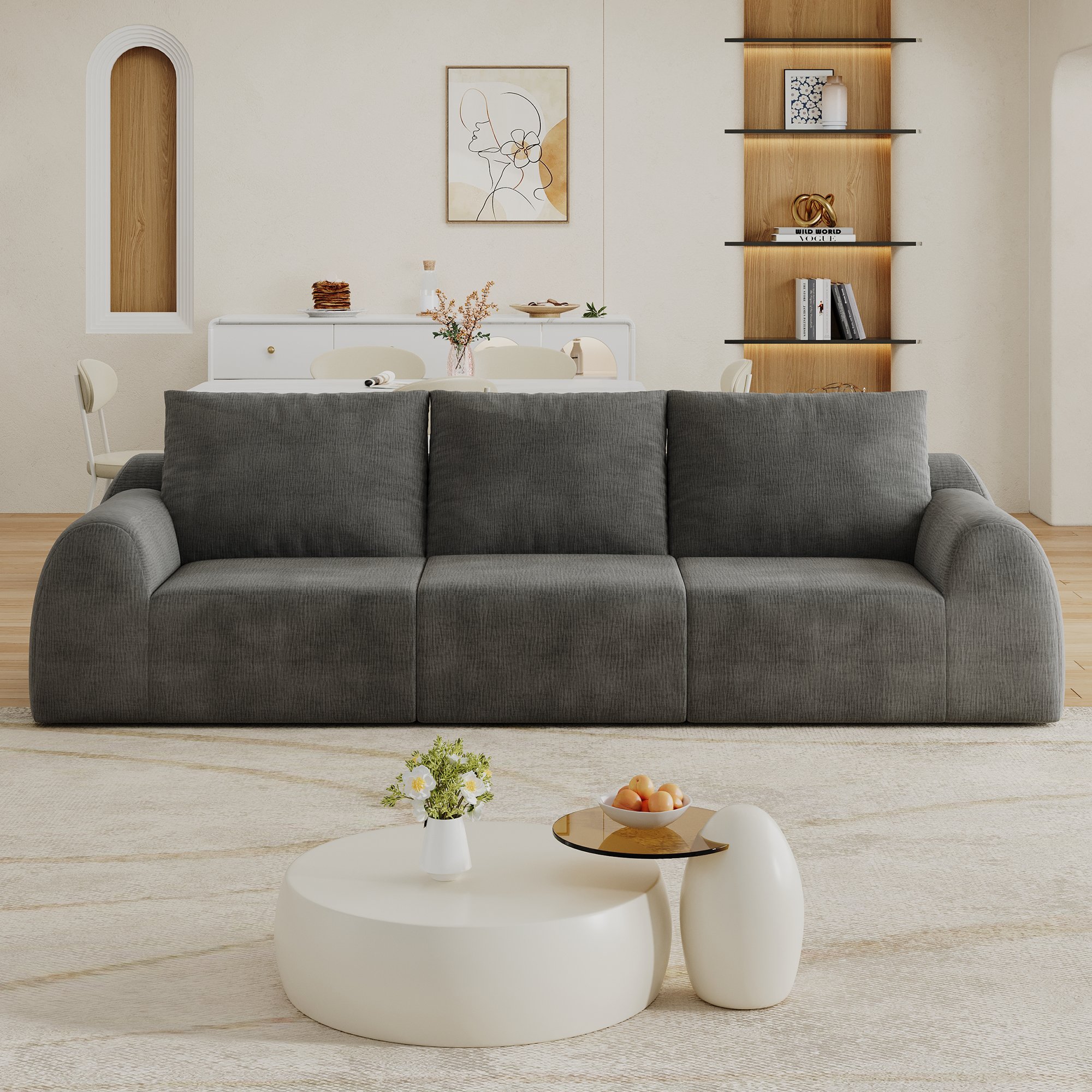 Canapé droit 257x95x85 cm en tissu chenille gris foncé, rembourrage mousse haute élasticité, sans montage requis pour salon et chambre