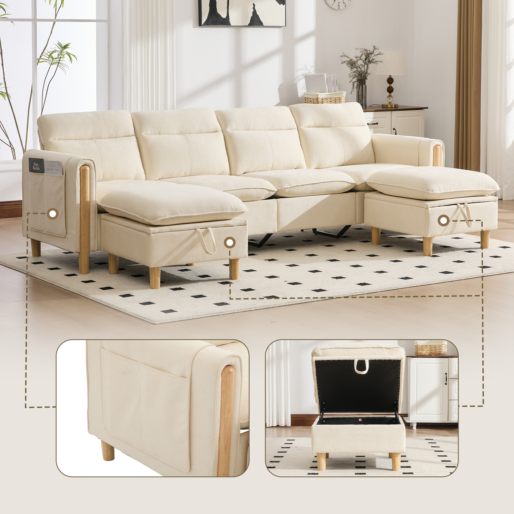 Canapé en U 4 places en chenille beige avec deux poufs et coffres de rangement pour salon familial