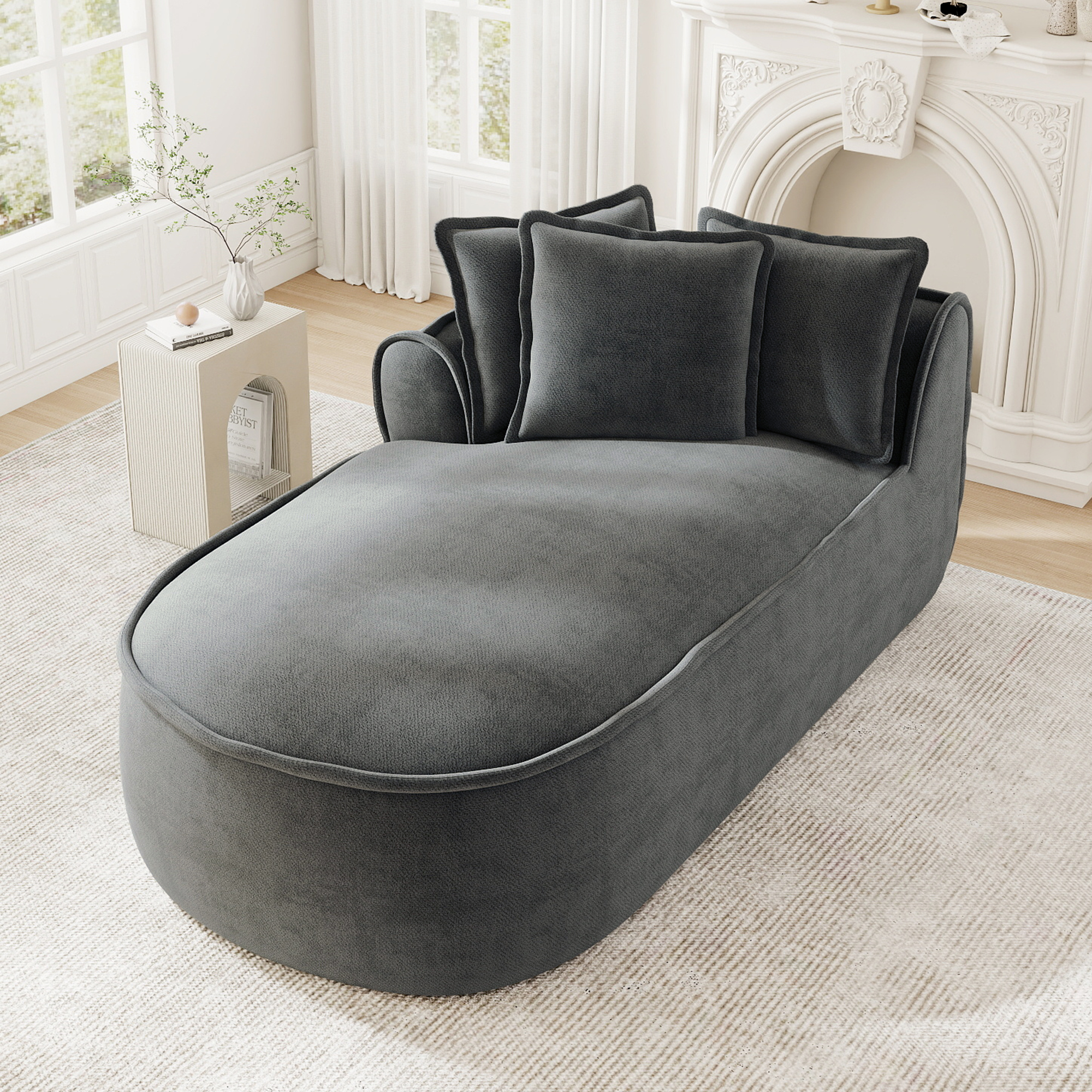 Canapé méridienne gauche 2 places avec coussins inclus et assise profonde en chenille gris
