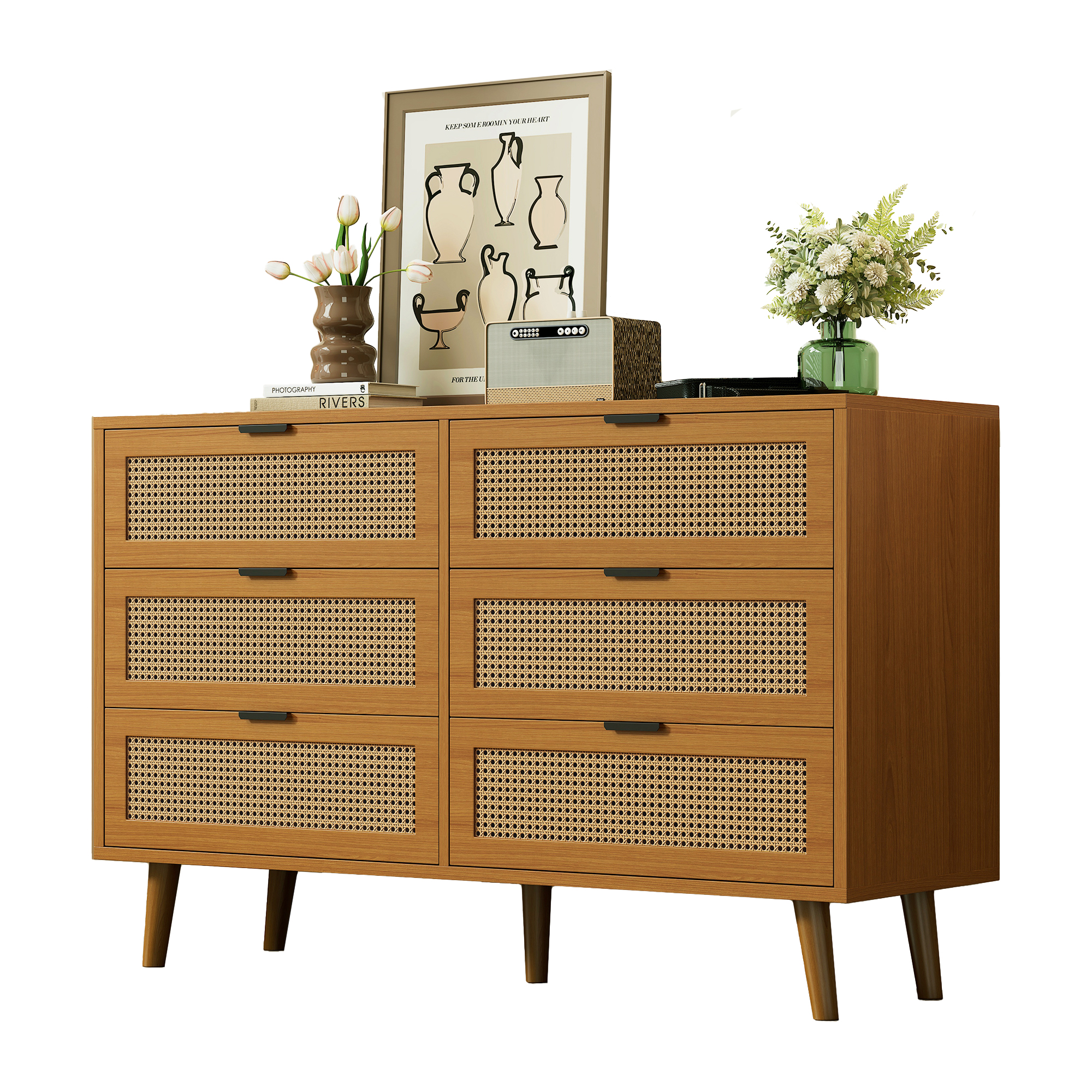 Buffet 6 tiroirs 120x40x76,5 cm Meuble de rangement avec poignées métal et pieds bois massif pour chambre salon bureau