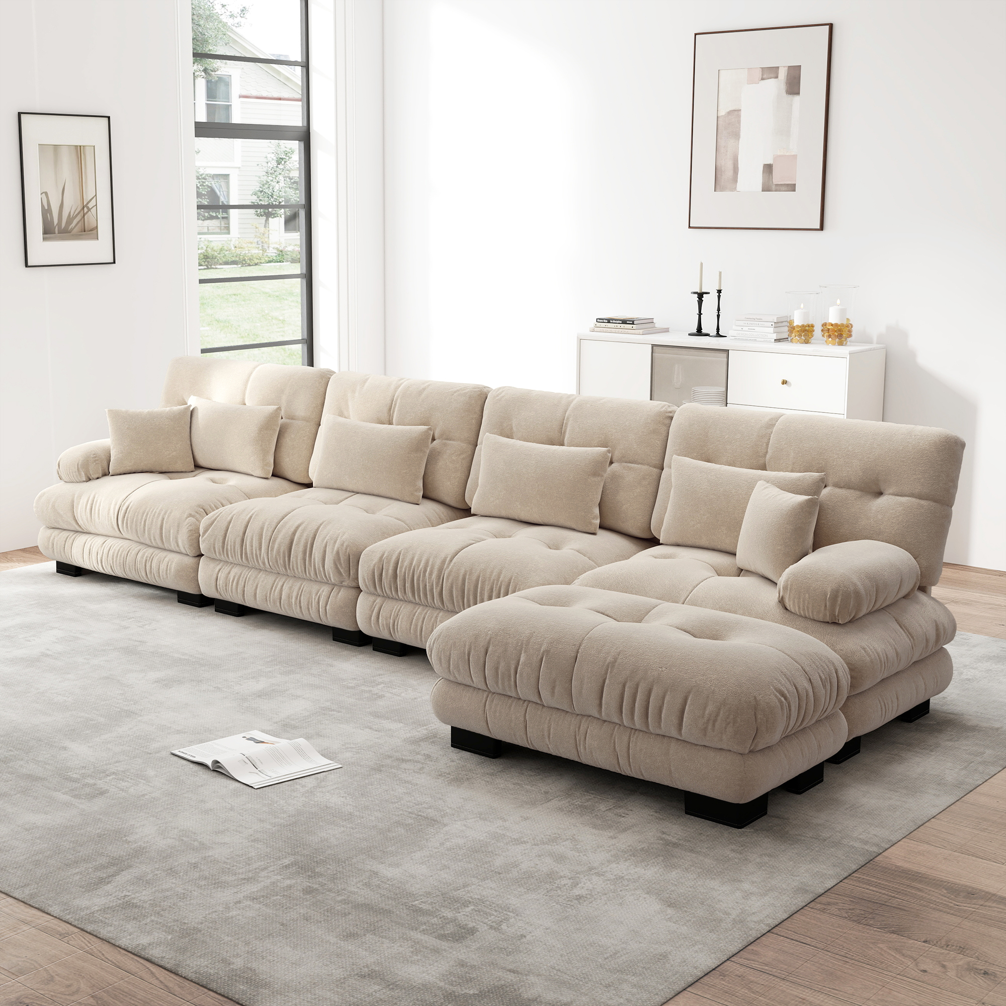 Canapé d'angle modulable 4 places en chenille marron clair avec pouf mobile pour salon et bureau
