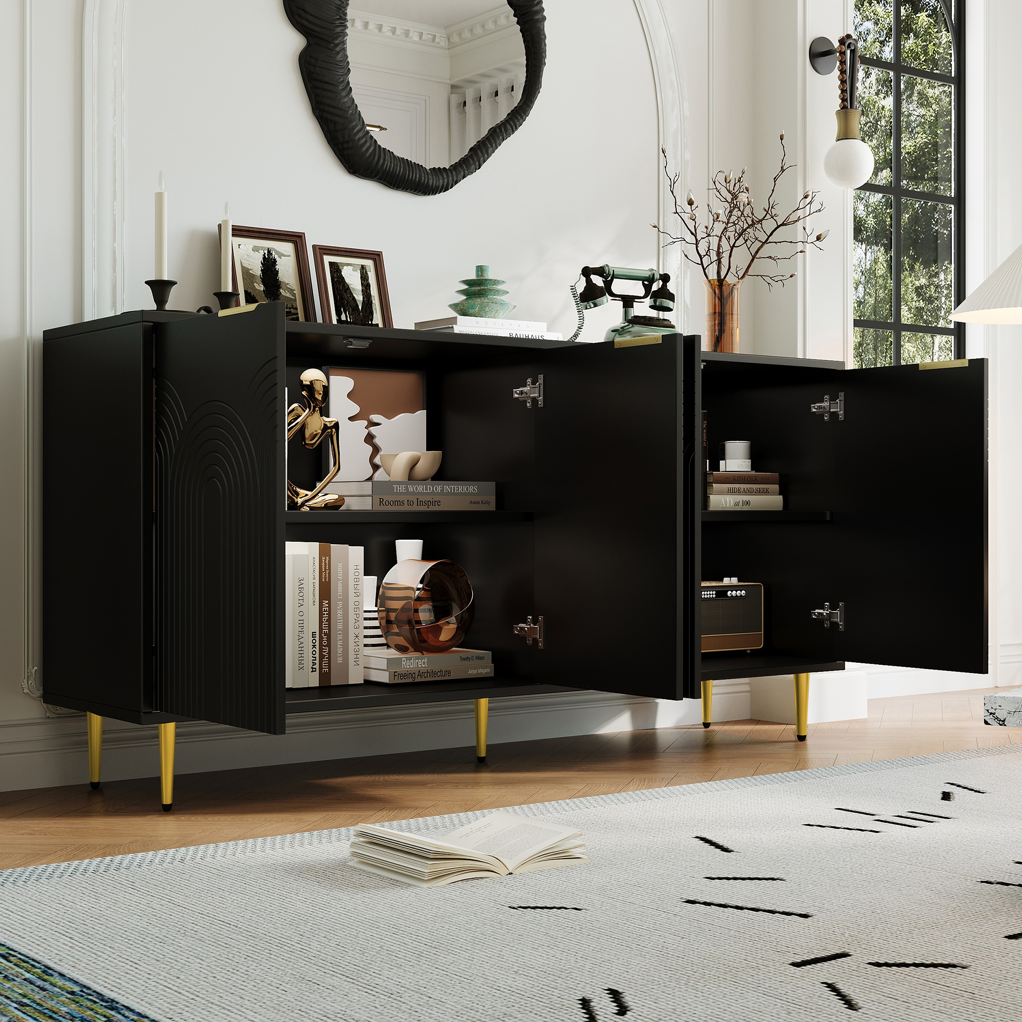 Buffet Noir Design Contemporain 4 Portes Avec Charnières Silencieuses Et Poignées Brossées Or 160 Cm