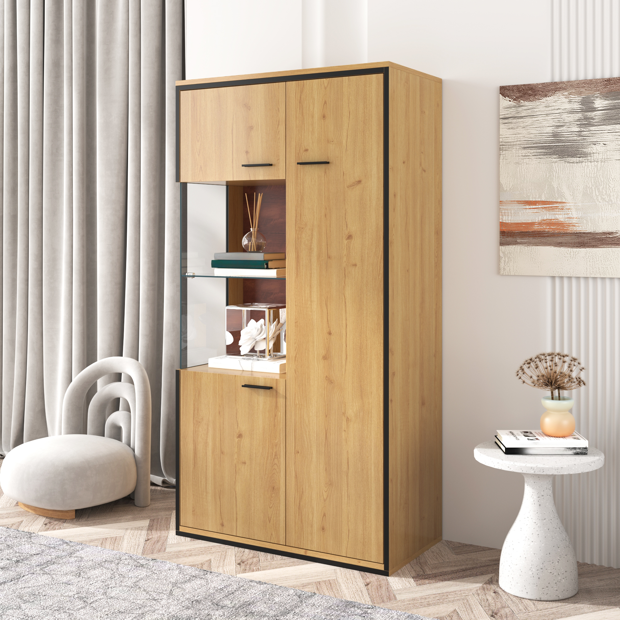 Meuble Vitrine Design Contemporain en Panneau Panneau composite de fibres de bois à densité avec Structure Solide et Porte Vitrée Transparente - 150 x 77,5 x 40 cm