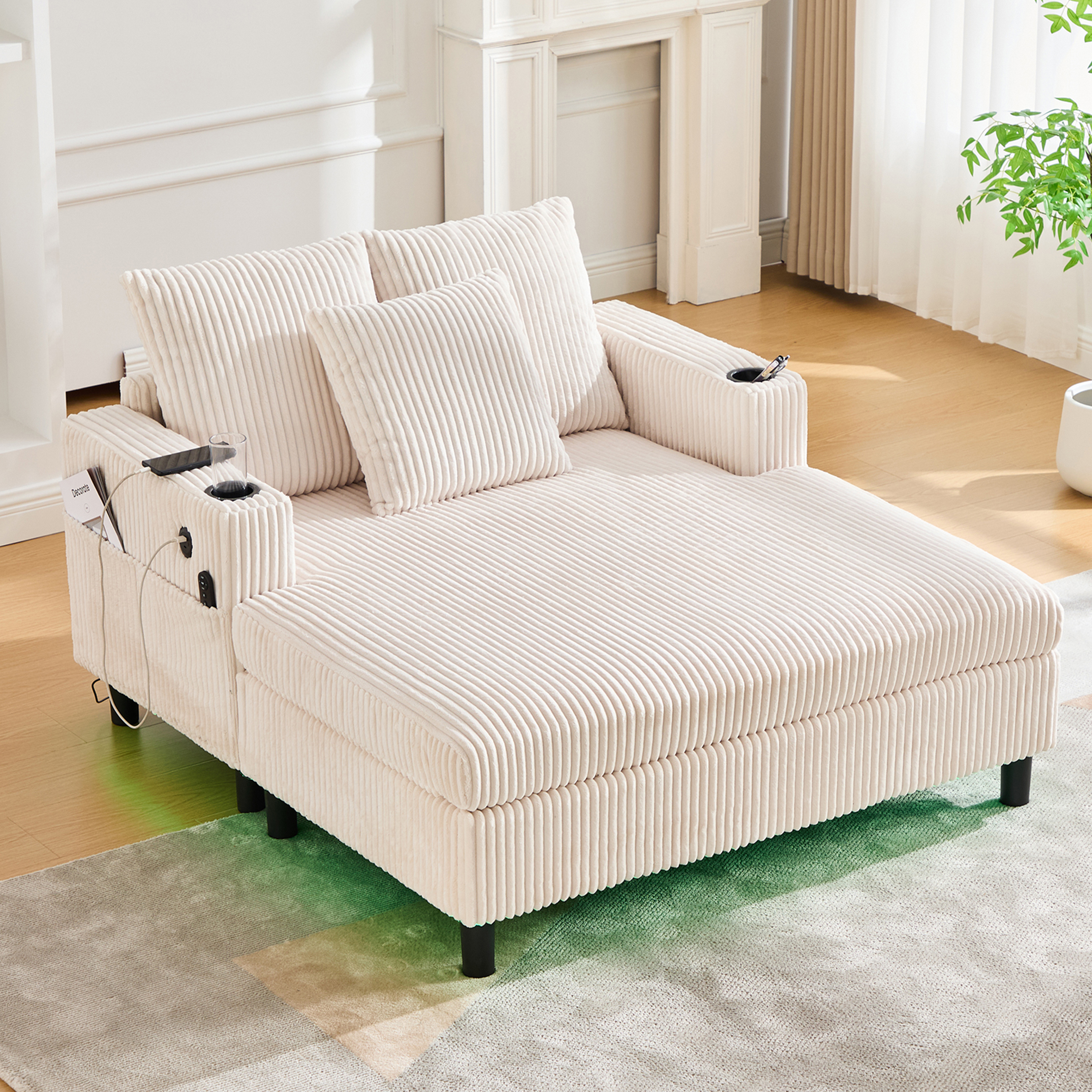 Canapé beige en velours côtelé avec LED multicolore, USB et porte-gobelets intégrés, 142x128x85 cm