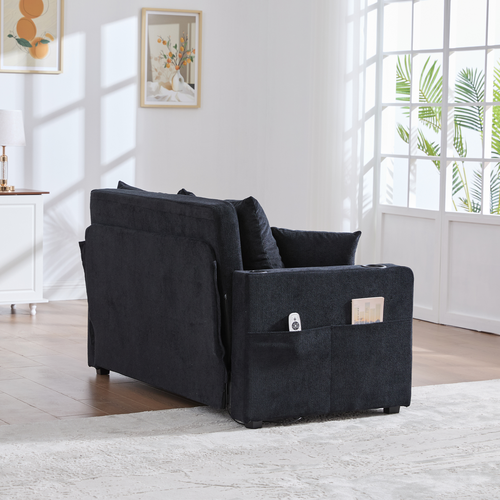 Lit rembourré 2 places avec USB et Type-C, porte-gobelets et 4 coussins inclus pour petit espace