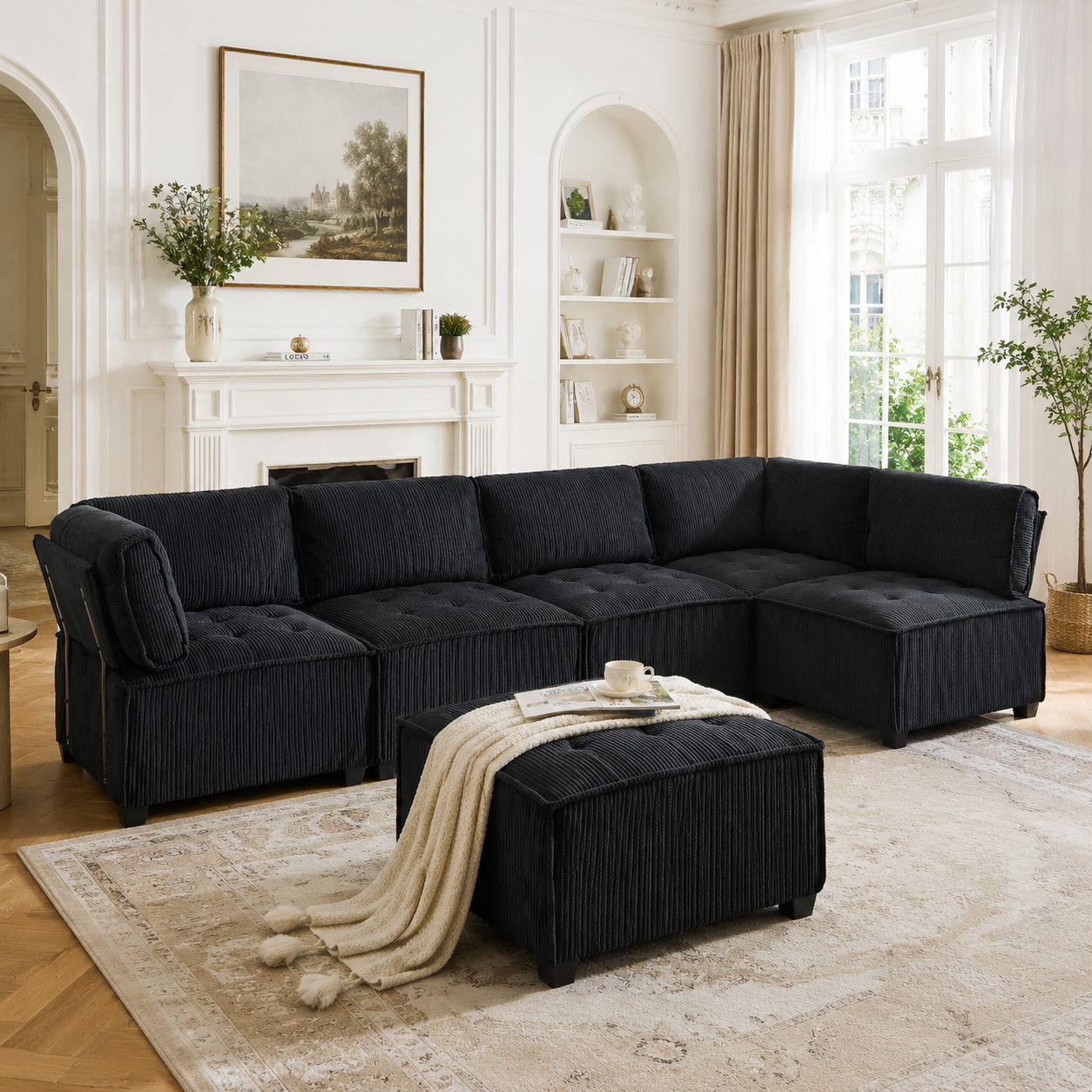 Canapé modulaire 6 places en velours côtelé noir, structure métal et bois, convertible en U ou L, 308x154x82 cm
