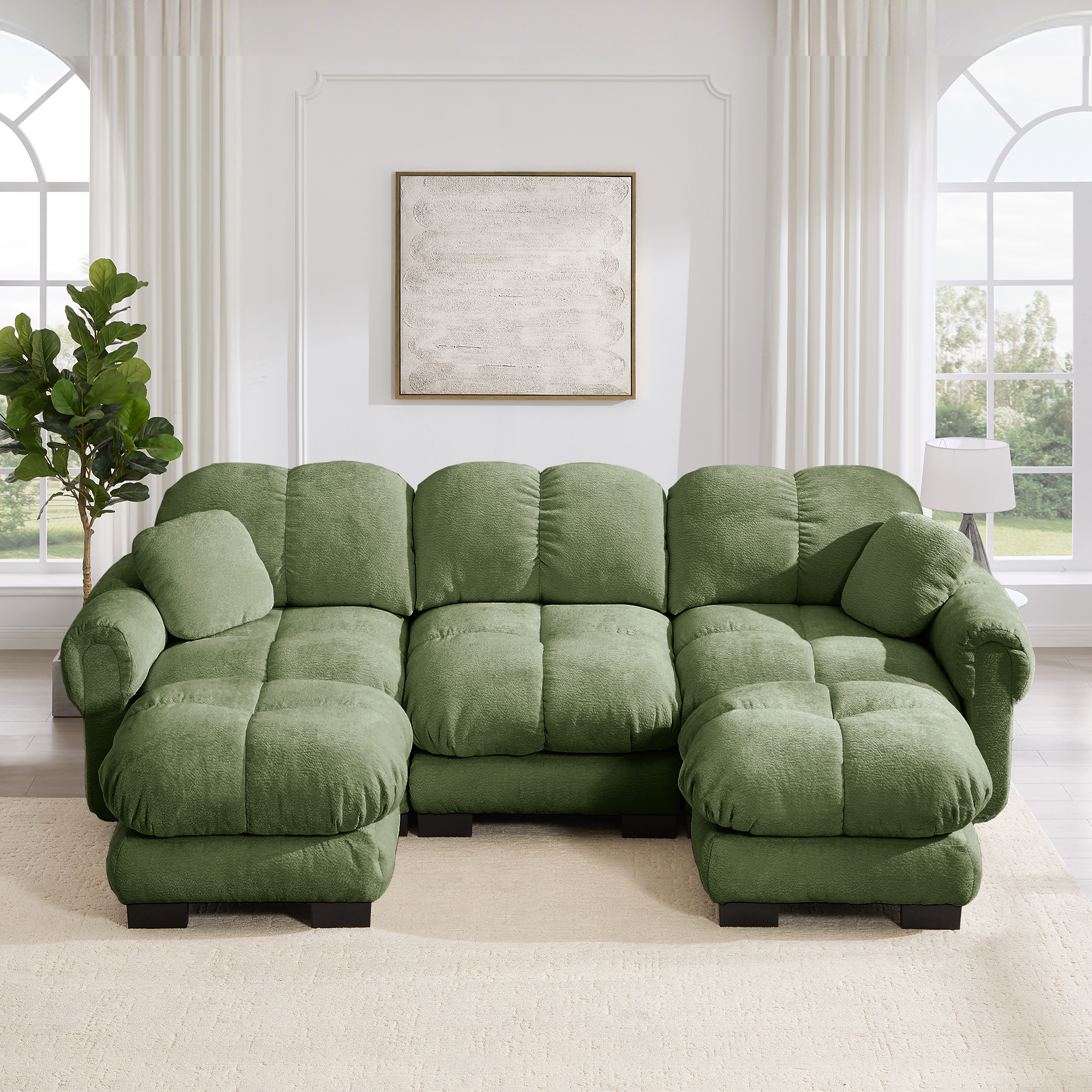 Canapé panoramique 3 places en U avec ottomane mobile et coussins, tissu Chenille vert, design steppé pour salon moderne
