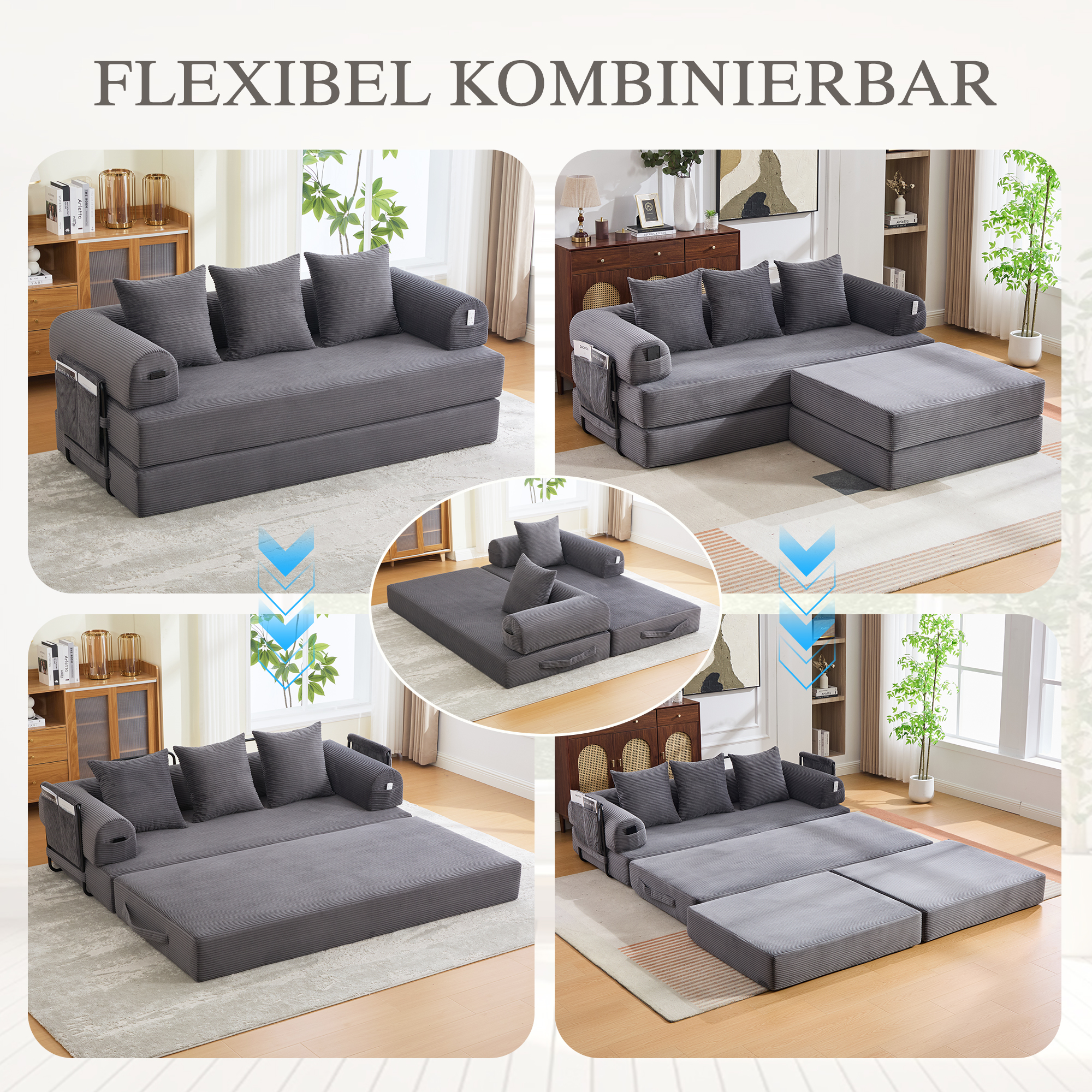 Canapé d'angle convertible modulable pour petit salon avec hocker, 3 coussins et pochette latérale