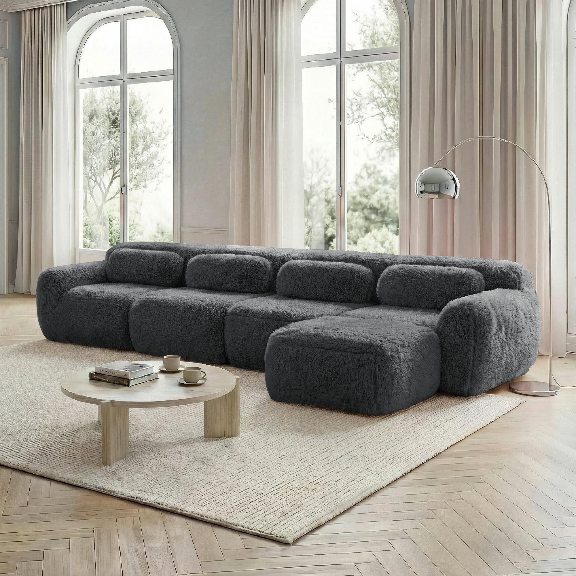 Canapé d'angle modulable 4 places Gris Tissu Peluche Ultra Confort Sans Montage Mousse Haute Résilience Salon Contemporain
