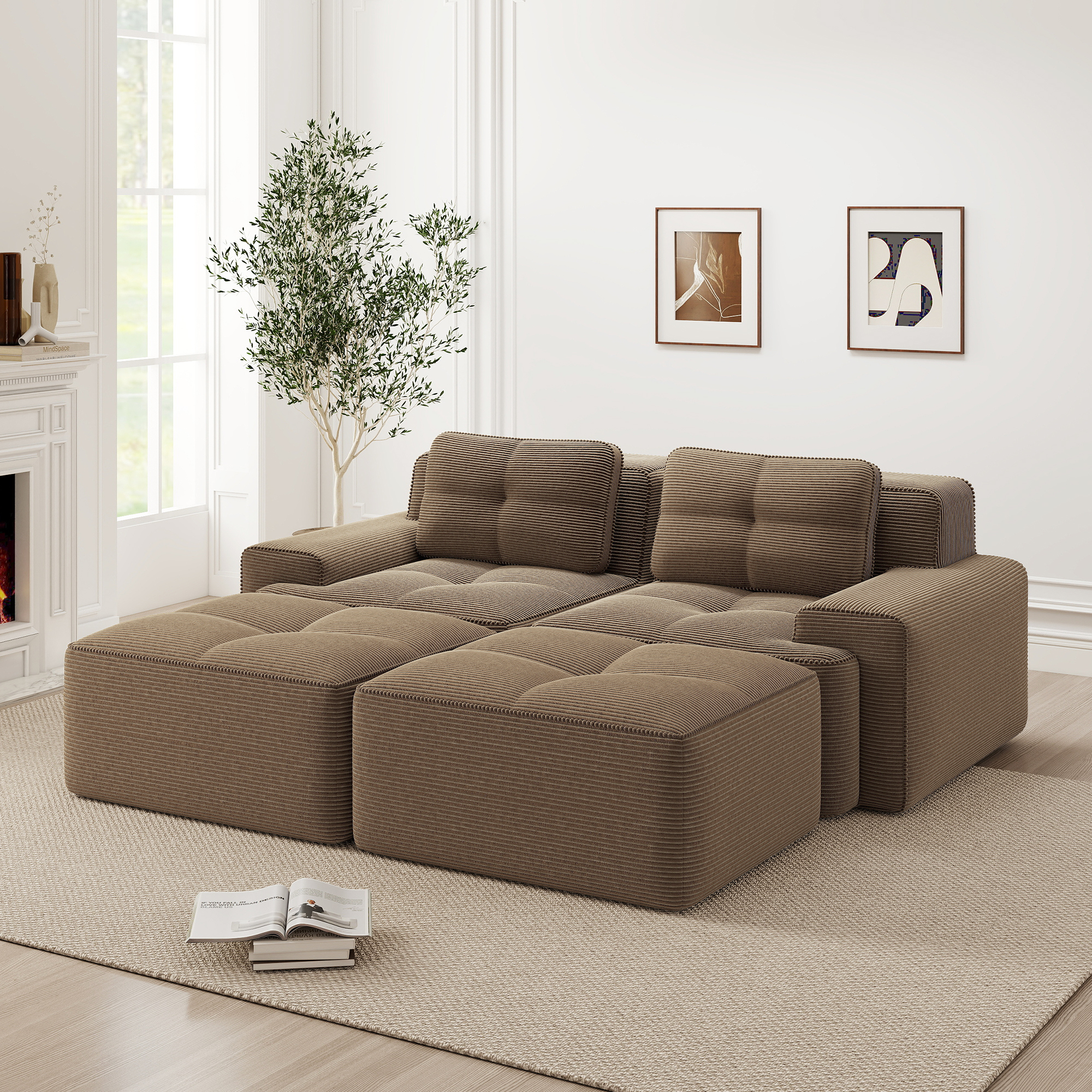 Canapé Modulable 2 Places En U, Tissu Velours Côtelé Marron, Structure Boneless Moderne, Confort Cloud Et Design Contemporain Salon
