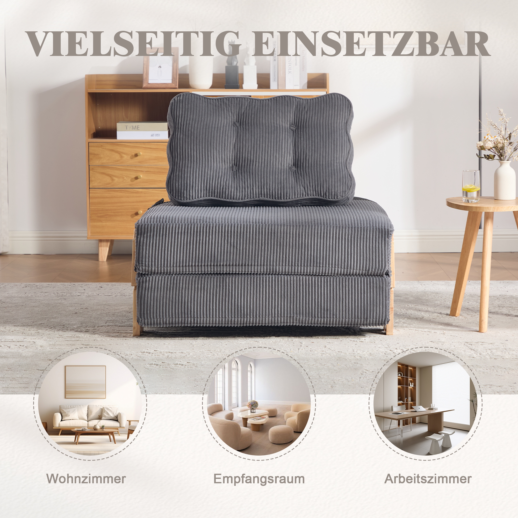 Lit rembourré en cord gris foncé avec structure en bois massif et assise en mousse, convertible en lit plat