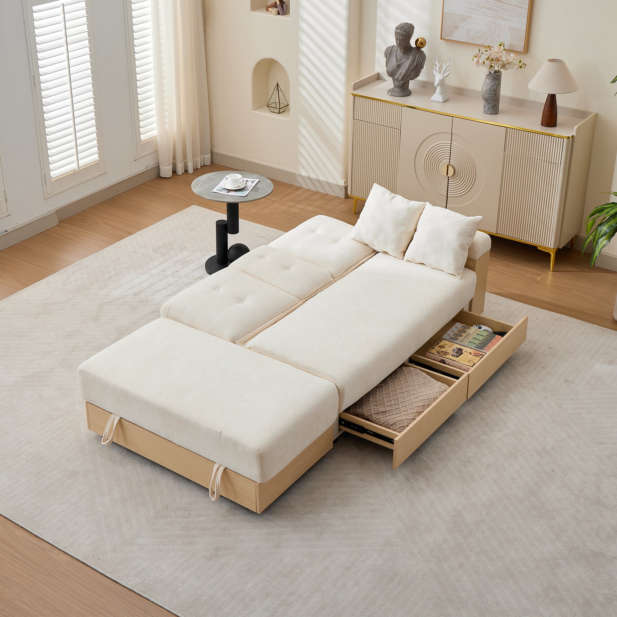 Canapé-lit avec rangement en tissu chenille beige, structure Panneau composite de fibres de bois à densité, dossier réglable 3 positions, tiroirs et pouf, 217x110x90 cm pour salon