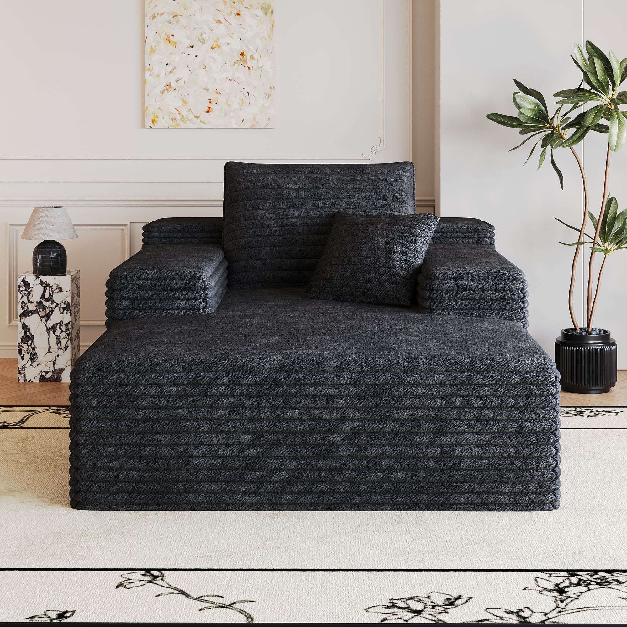 Canapé droit noir 115x159 cm en velours côtelé sans montage, assise profonde et mousse haute élasticité pour salon ou chambre