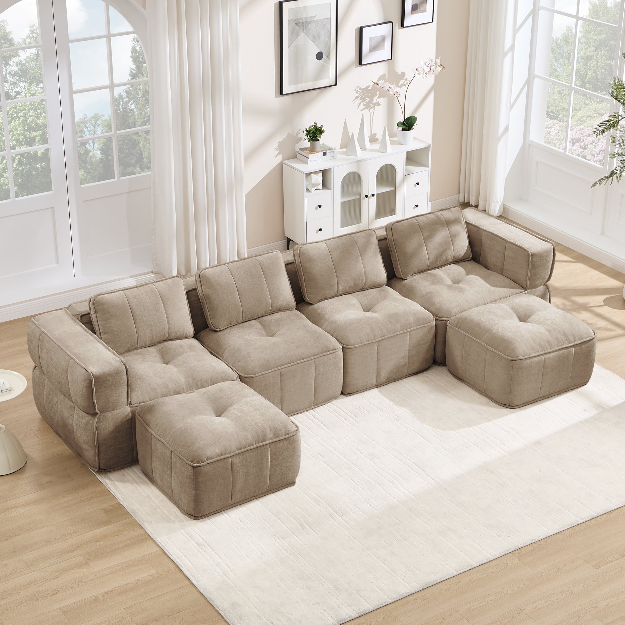 Canapé Modulable en U 4 Places Sable, Mousse Haute Densité 32D, Tissu Polyester Doux, Sans Cadre, Antidérapant, Pour Salon Moderne, Aucun Montage Requis
