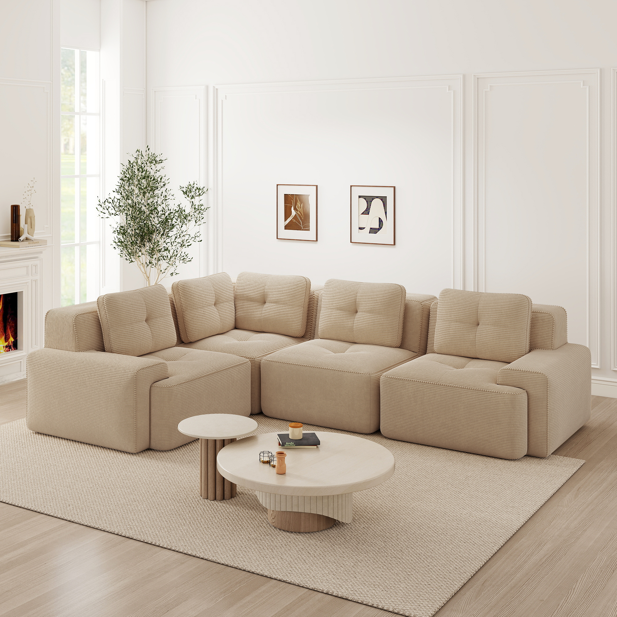Canapé Modulable Revêtement Velours Côtelé Beige Structure Stable Large Accoudoirs Dimensions 295x206x69 Cm