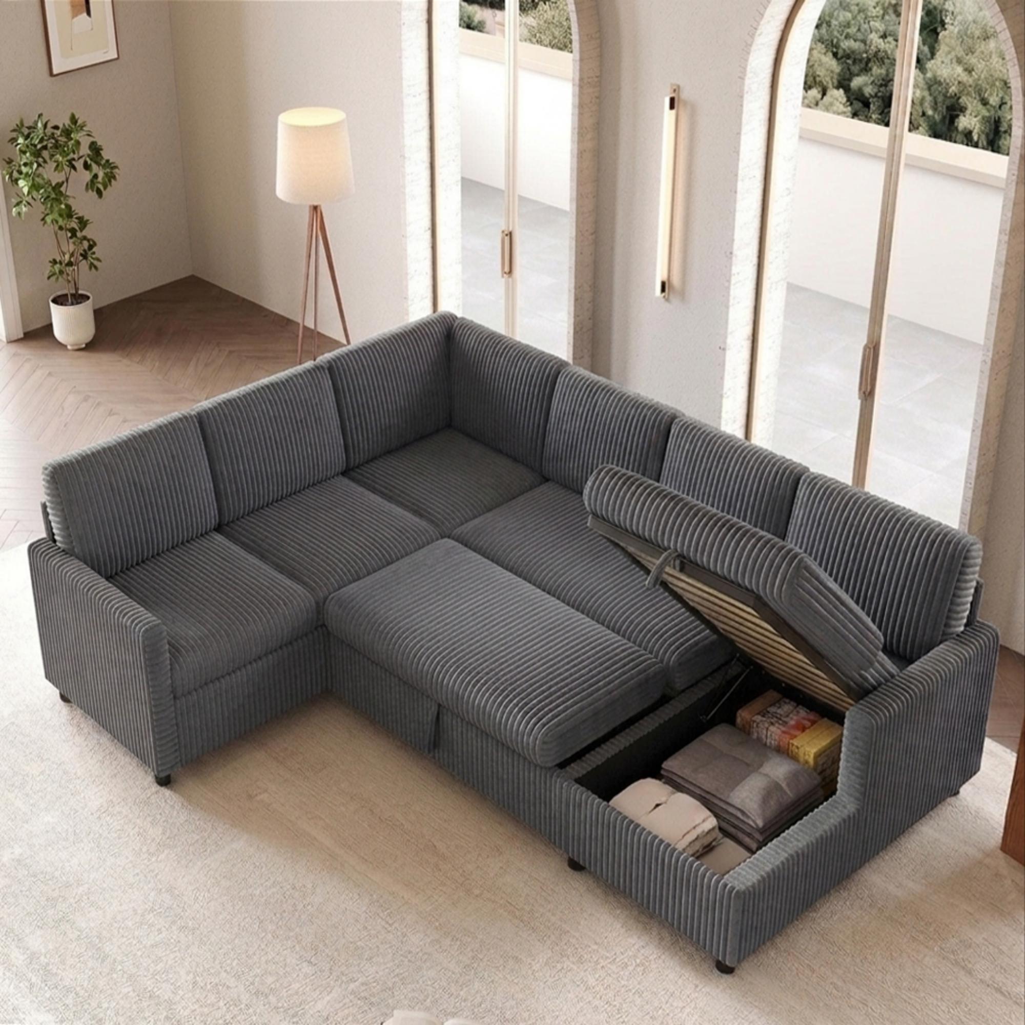 Canapé d'angle convertible 5 places 274x220x85 cm en cordonnet gris avec méridienne et coffre intégré