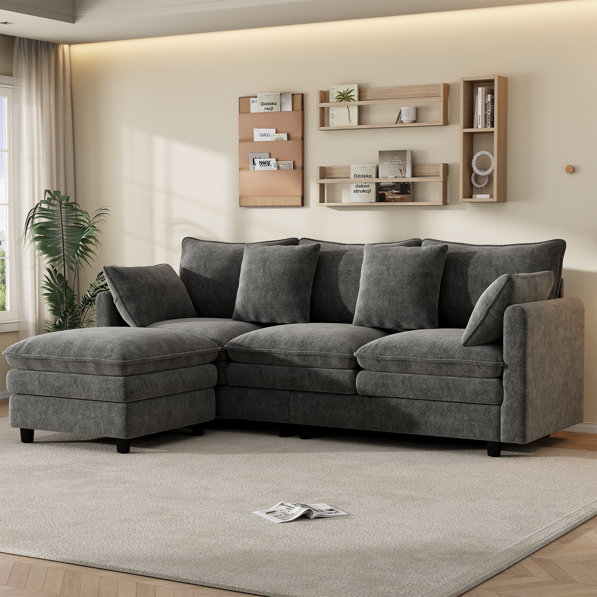 Canapé d'angle 3 places gris en tissu chenille avec méridienne amovible, 4 coussins et dossier, structure stable pour salon ou bureau, dimensions 212x150x90 cm