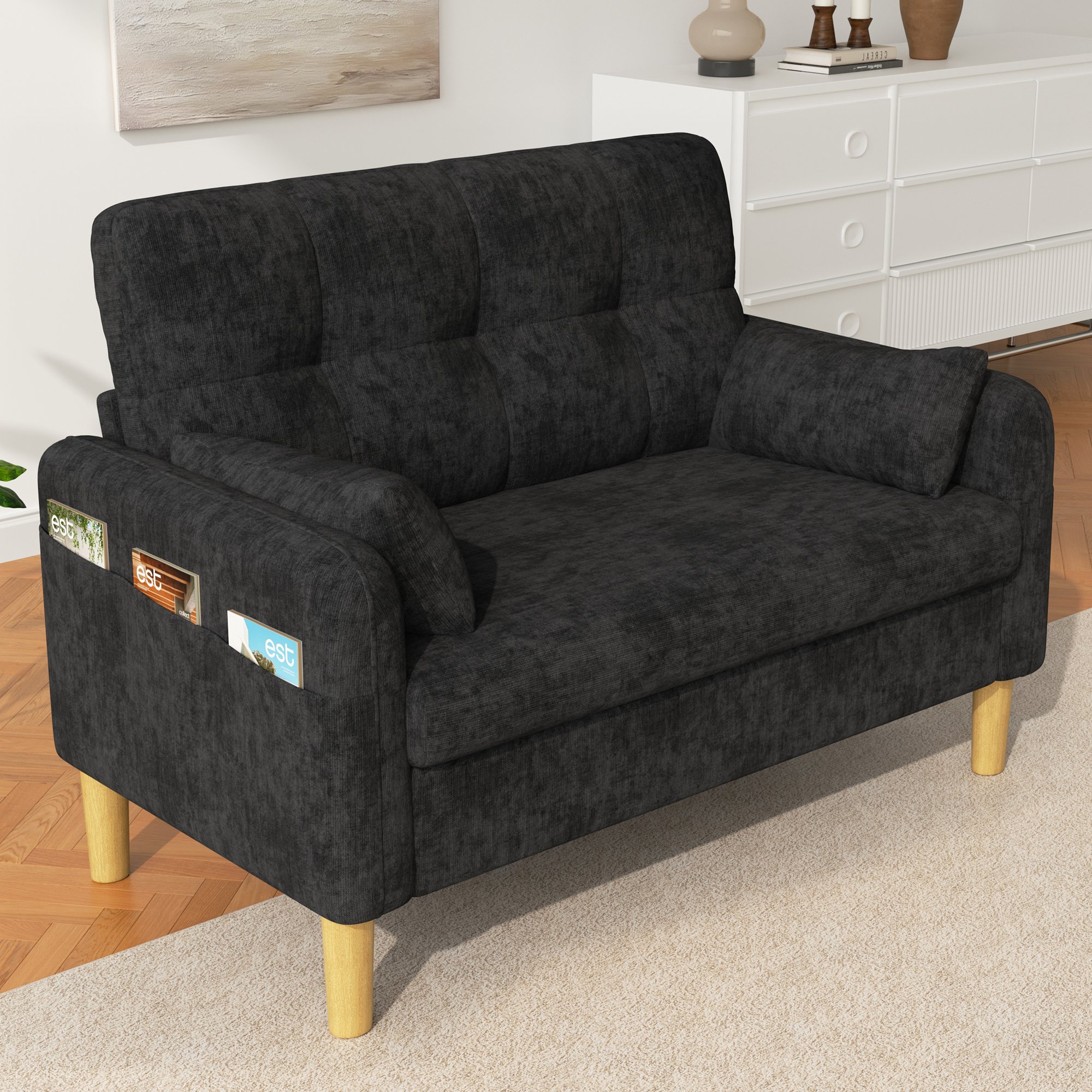Canapé 2 places gris chenille avec poche latérale et coussins, pieds hauts compatibles robot, montage facile, pour salon ou chambre