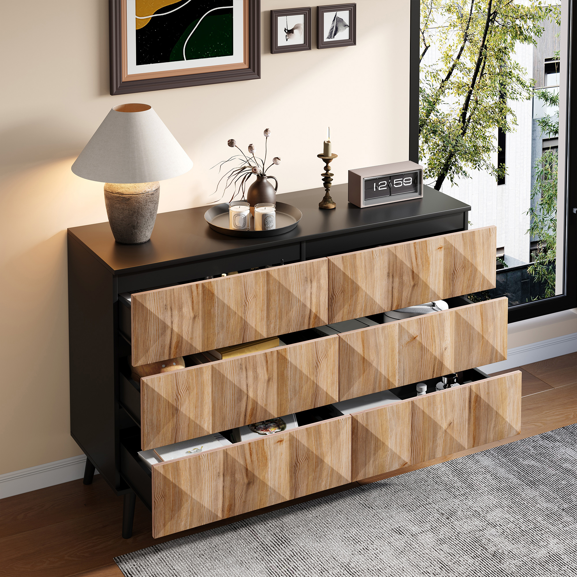 Buffet en Panneau composite de fibres de bois à densité et Panneaux de Particules avec 6 Tiroirs Intégrés et Pieds Noirs Stables - Meuble de Rangement Moderne