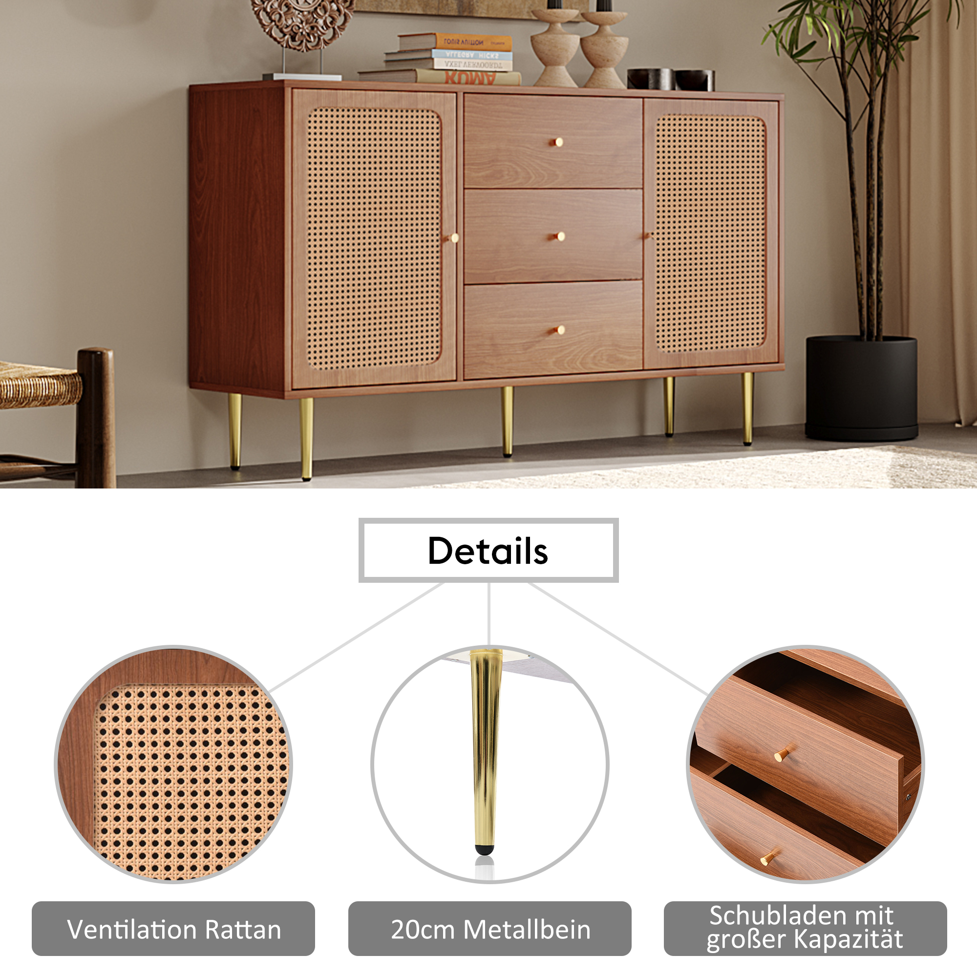 Commode Rangement 2 Portes 3 Tiroirs Étagère Réglable Magnétique Design Industriel pour Salon et Chambre