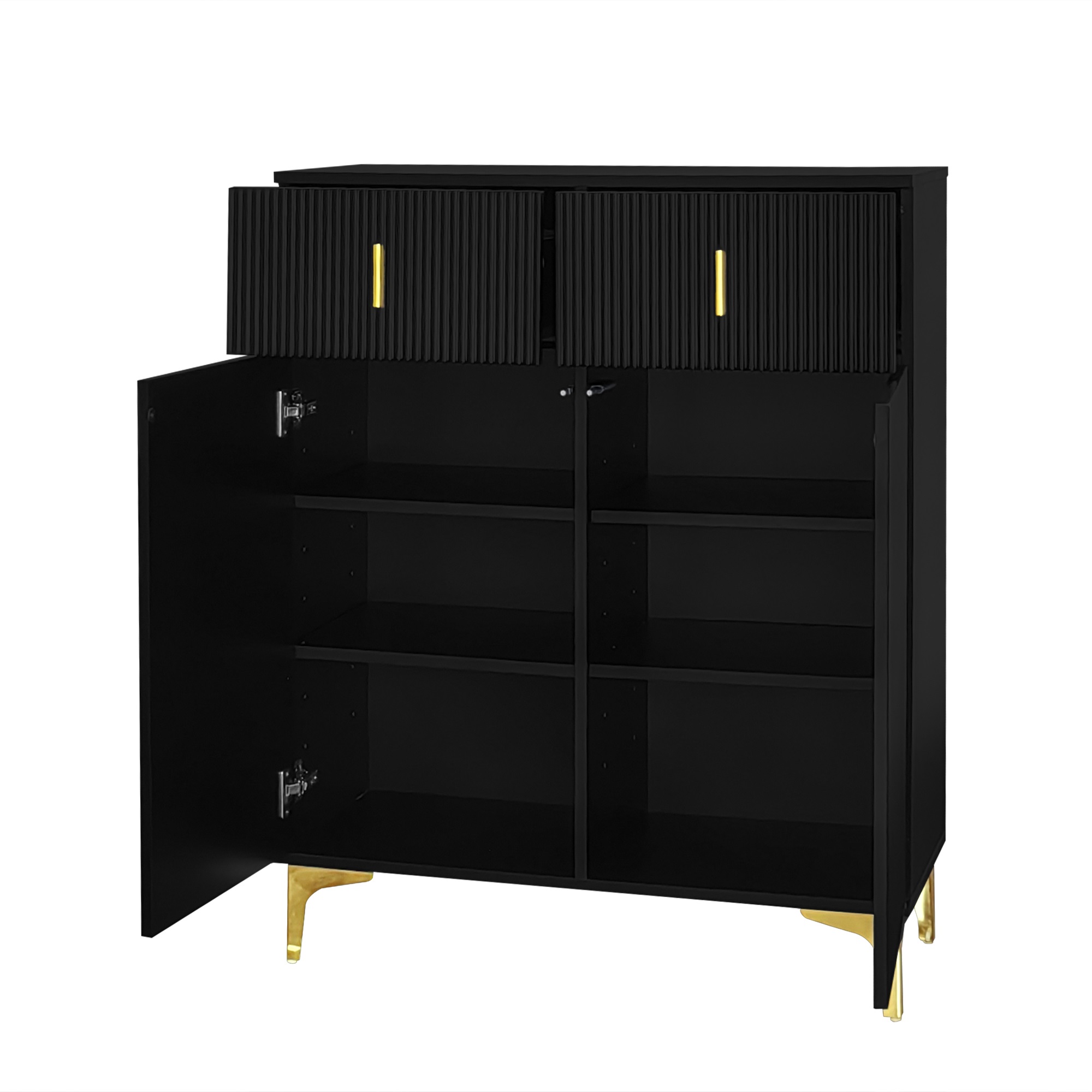 Meuble à chaussures design contemporain noir, console entrée avec structure texturée, tiroirs et portes coulissantes
