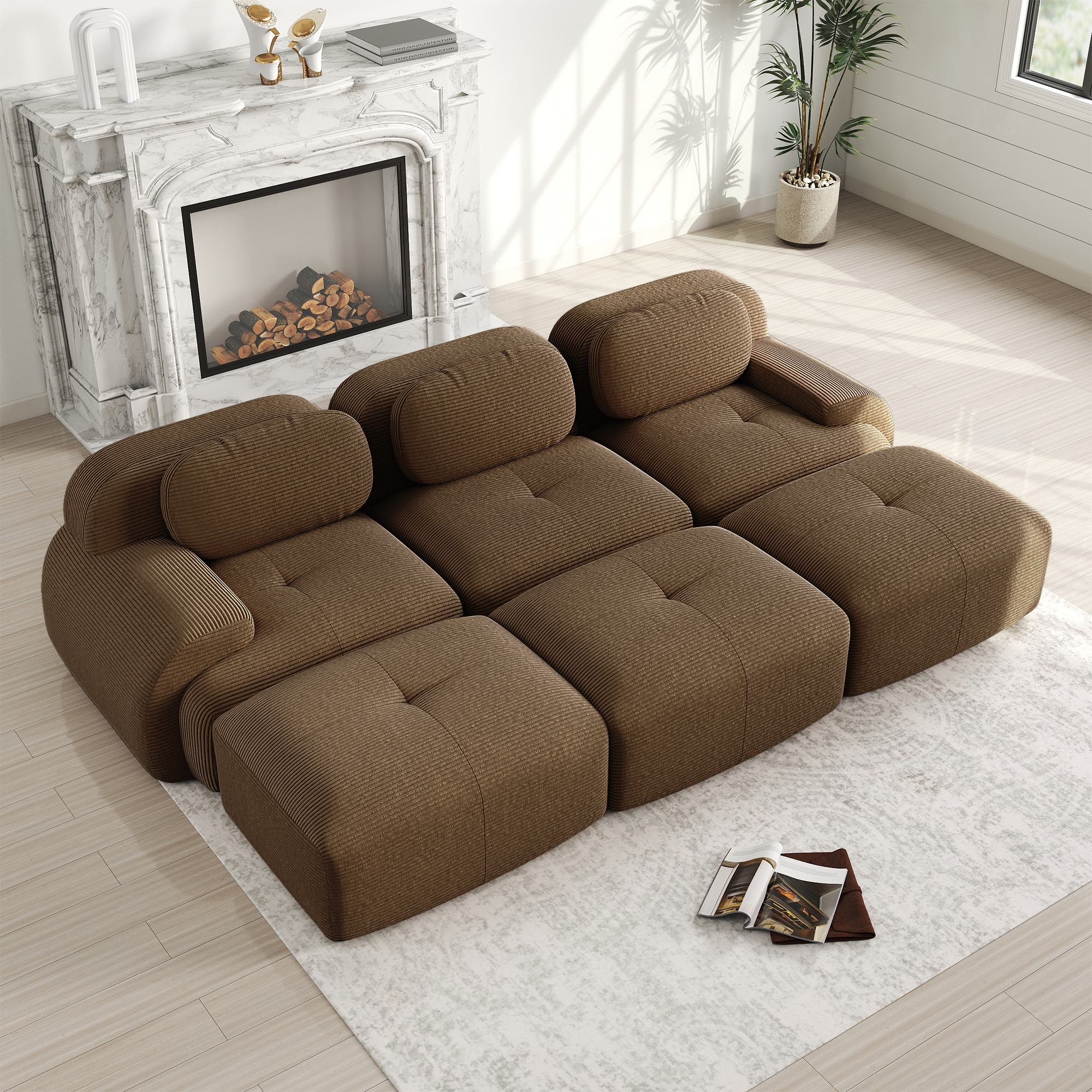 Canapé d'angle modulable 3 places en cordonnet marron, sans montage, pour salon et home cinéma