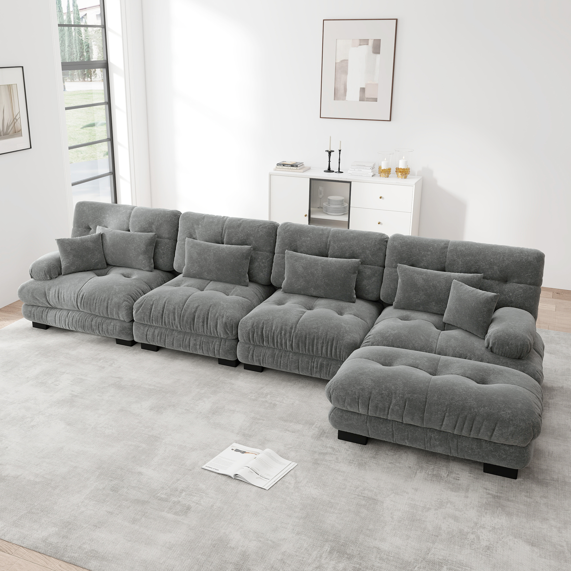 Canapé d'angle 4 places en chenille gris avec accoudoirs ronds rembourrés et coussins inclus