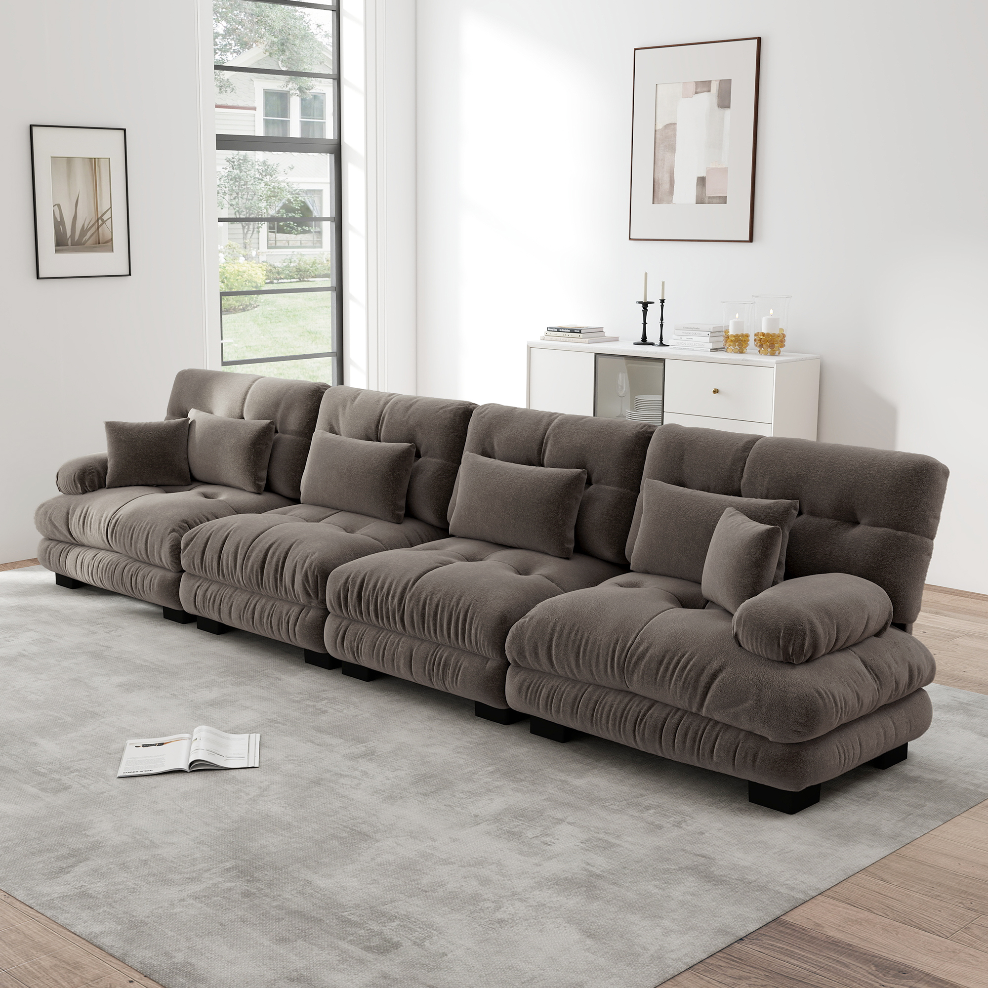 Canapé d'angle modulable 4 places en tissu Chenille marron, canapé salon profond et rembourré pour intérieur moderne
