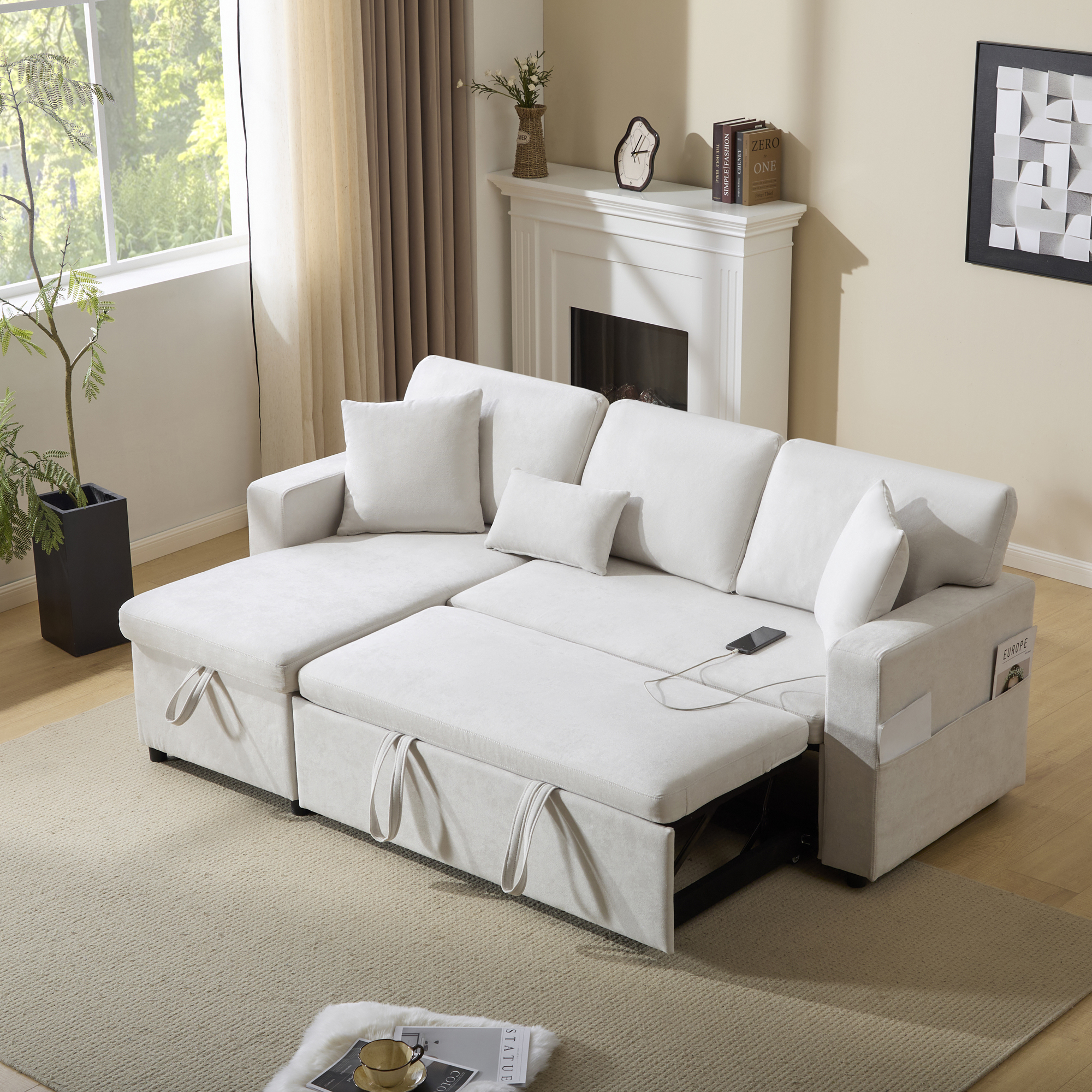 Lit avec rangement et tiroirs intégrés pour petit espace, flanelle beige, USB et roulettes