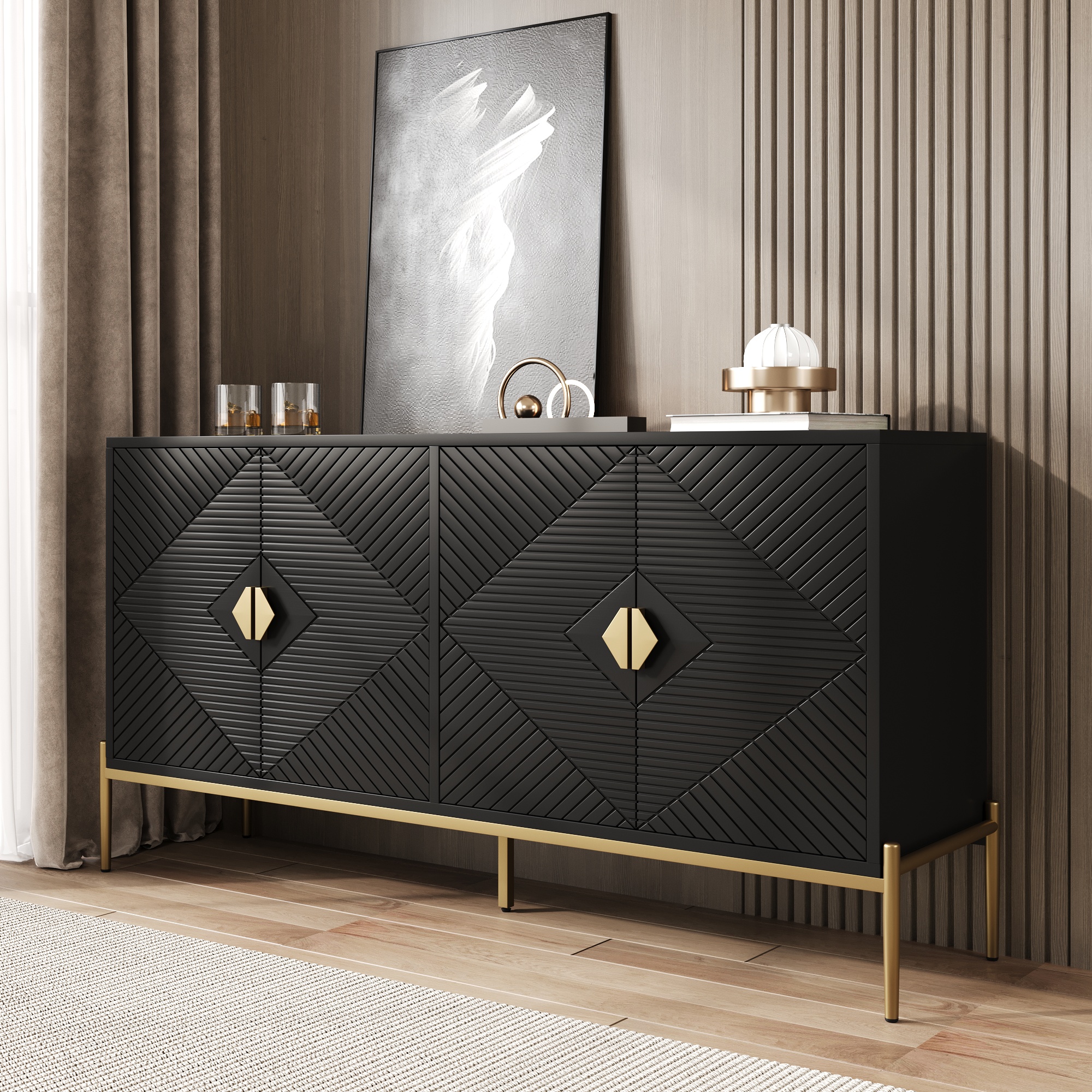 Buffet Noir Design Géométrique Contemporain, Meuble Rangement Entrée 162x40x80 cm avec 4 Portes et Poignées Dorées