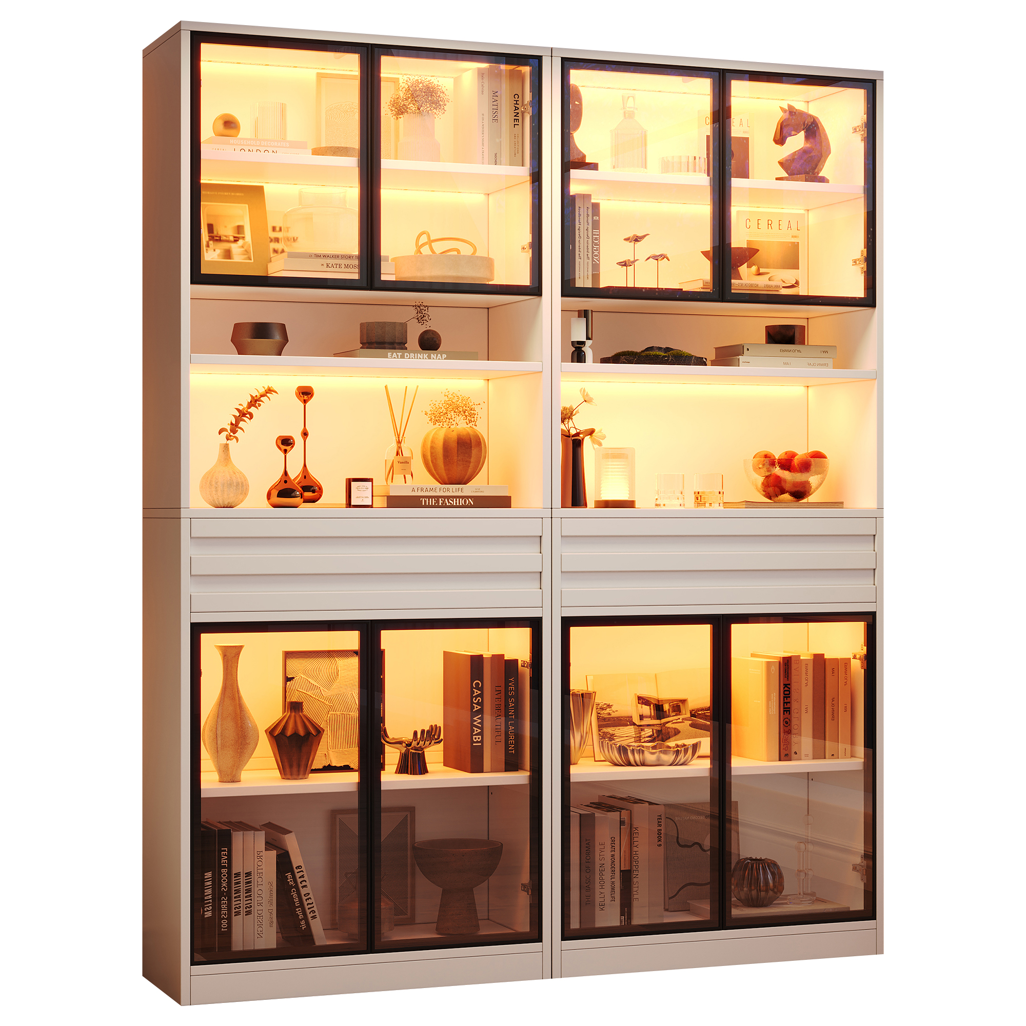 Vitrine Blanche Panneau composite de fibres de bois à densité 160x35x200 cm, Meuble à 8 Portes Verre et 2 Tiroirs, Éclairage LED Connecté par App Smartphone