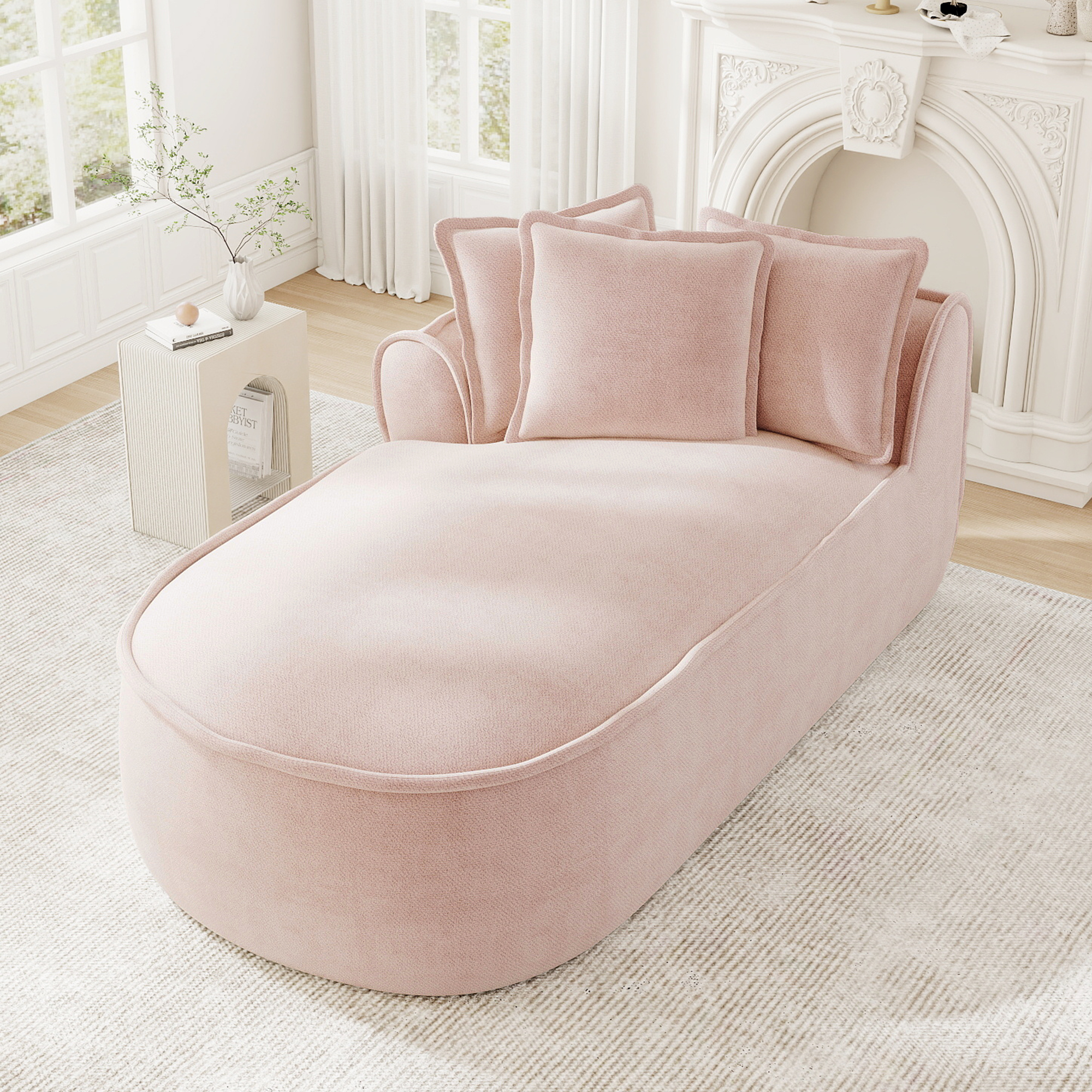 Canapé modulable 2 places en chenille rose avec méridienne gauche, coussins inclus et assise profonde