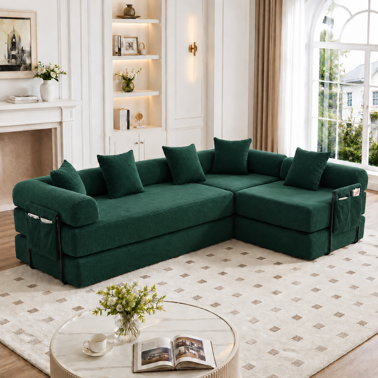 Canapé modulaire avec rangement 270x180x64 cm en velours côtelé vert émeraude, 3 places pour toute la famille