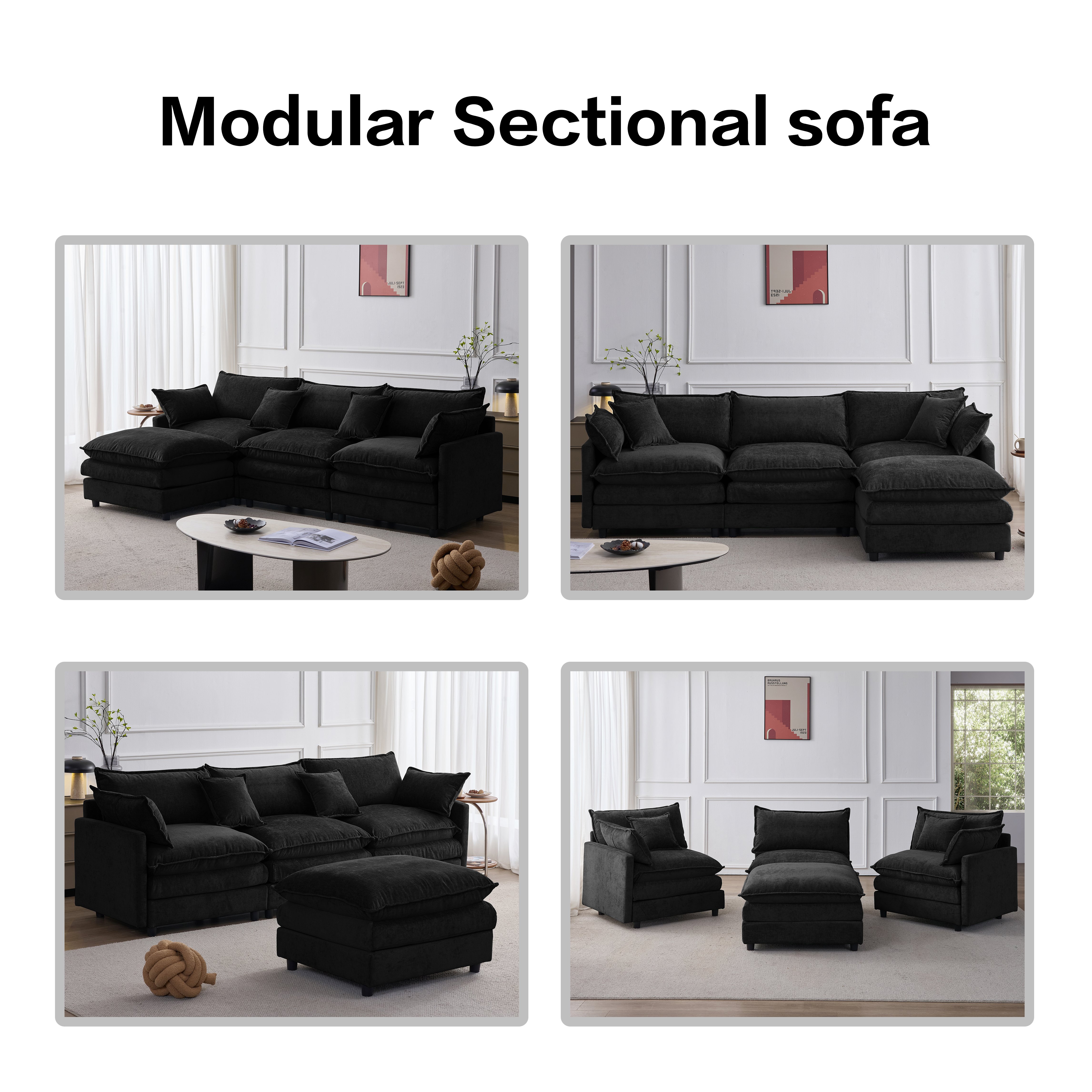 Méridienne Canapé d'angle 3 places Noir en Tissu Chenille avec Pouf Modulaire et Rangement Intégré pour Salon Moderne