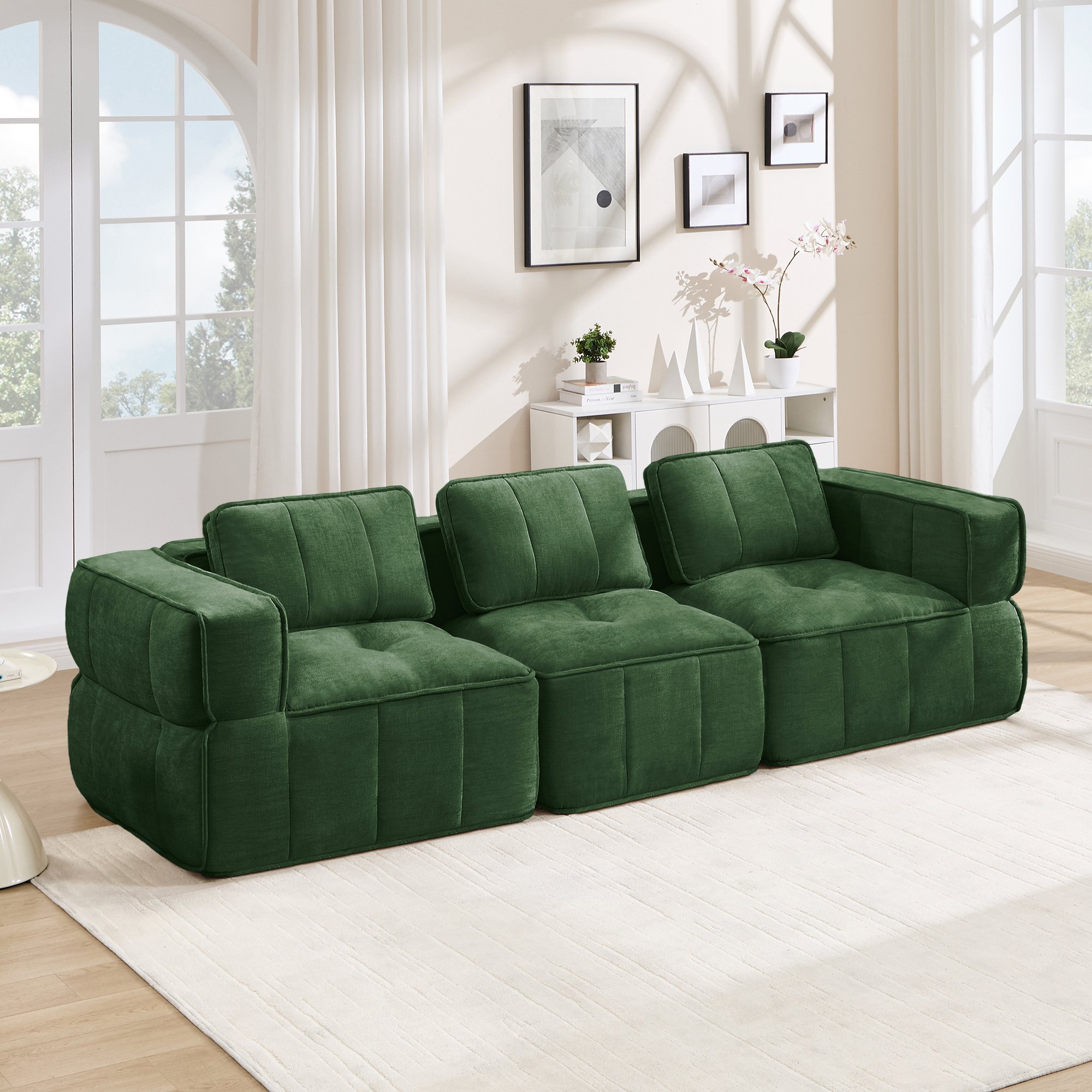 Canapé modulable 3 places vert en tissu polyester, design sans pieds, mousse haute densité 32D, dimensions 271x93x67 cm, aucun montage requis pour le salon.