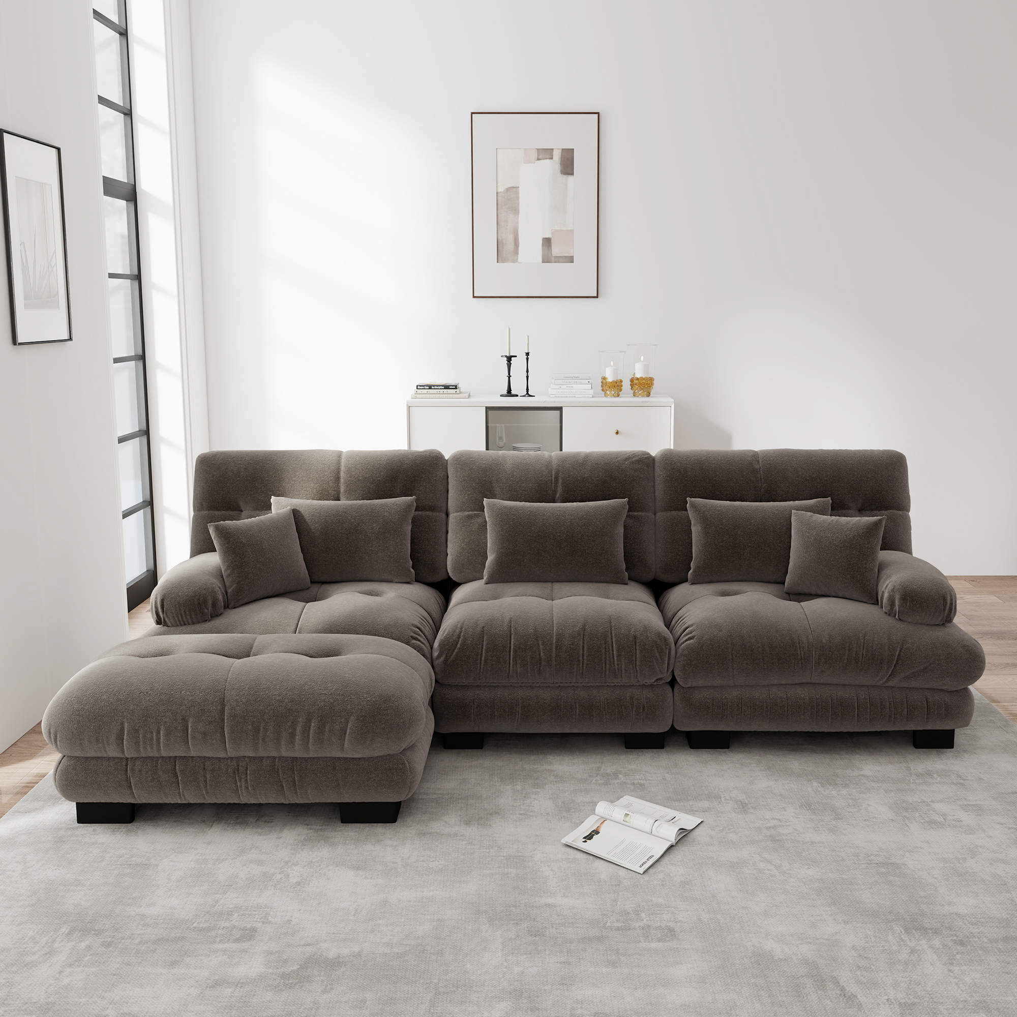 Canapé d'angle modulable en L 313x145cm, Canapé Salon Profond avec Ottoman, Tissu Chenille Marron, Design Contemporain