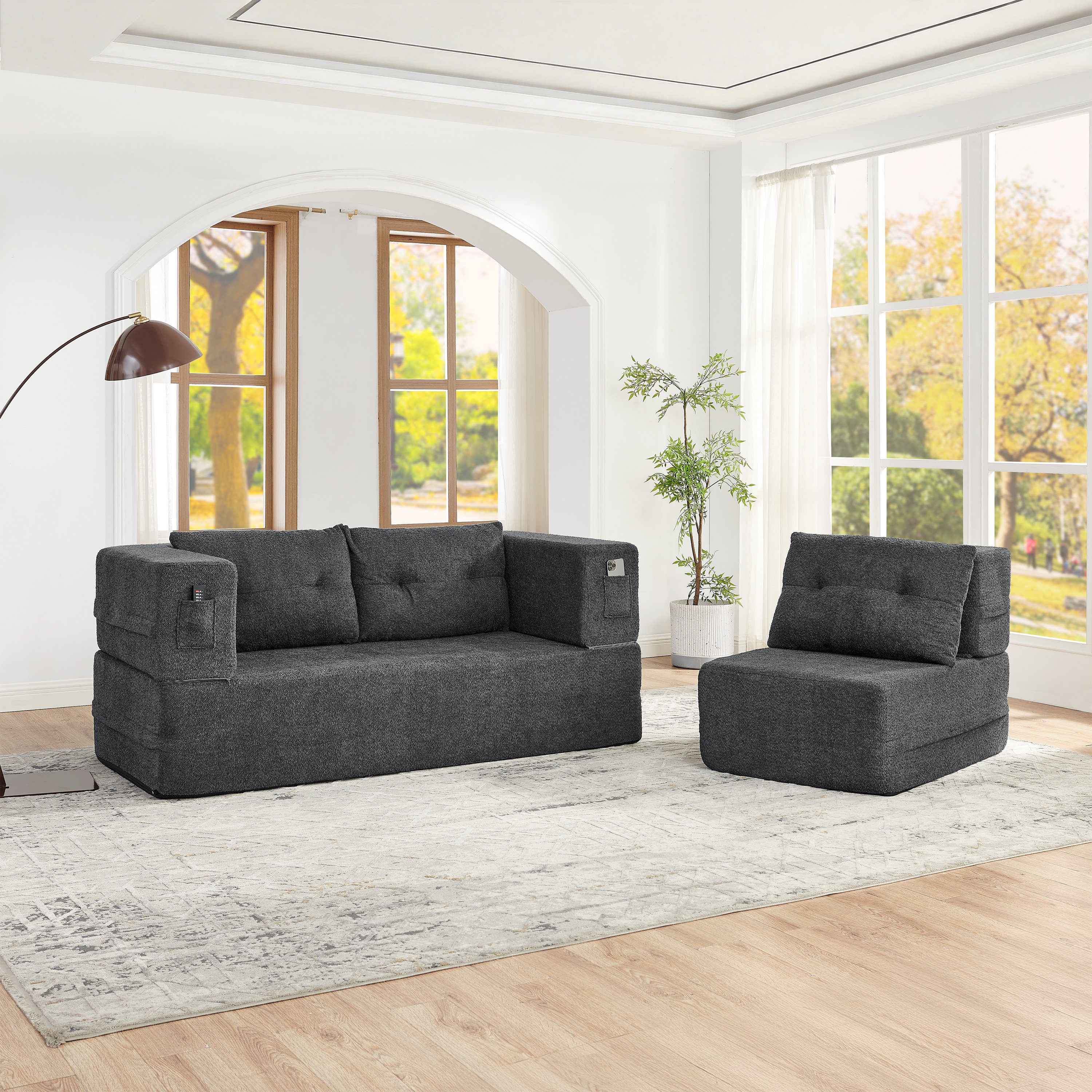 Fauteuil Convertible Modulable Tissu Gris Foncé, Canapé Lit Pliable avec Rangement Intégré et Poches Latérales pour Salon Moderne
